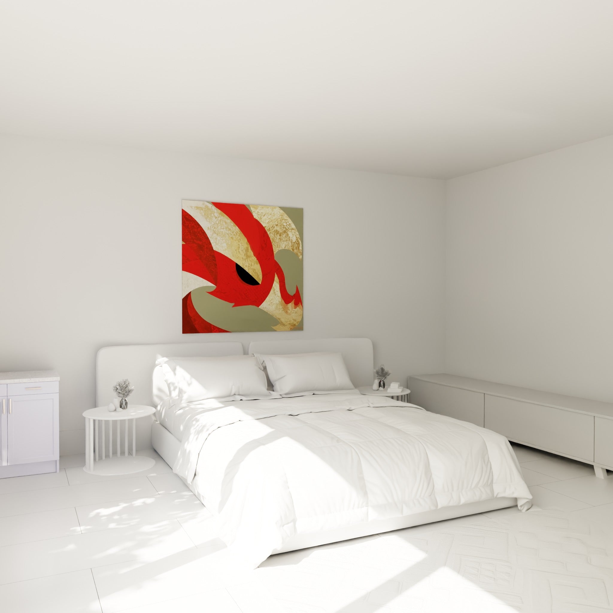 Créature ailée rouge et or, regard noir perçant, accrochée au-dessus d'un lit dans une chambre claire
