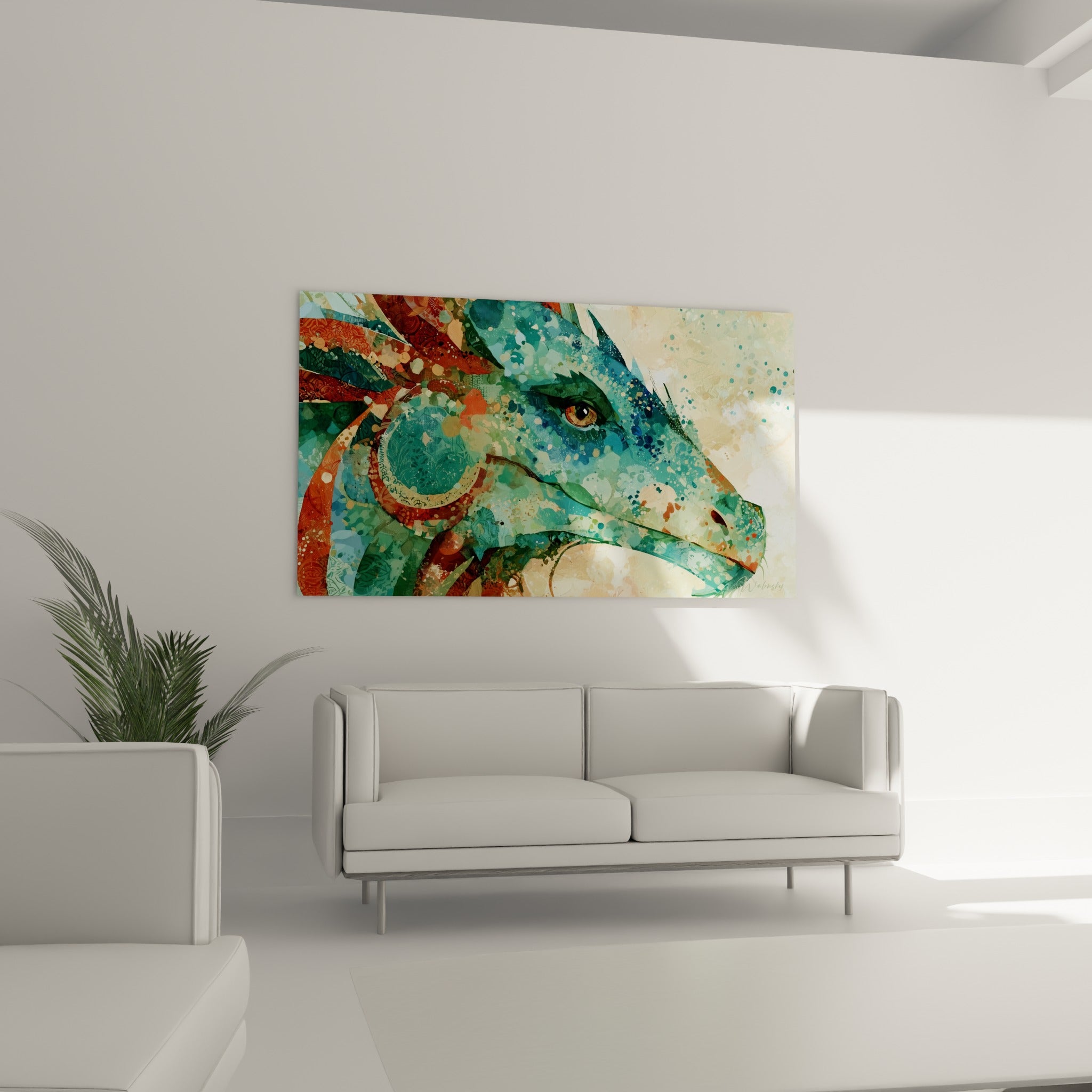 Museau du dragon en dégradés sable et bleu pétrole, tableau placé au-dessus d'un canapé dans un salon lumineux