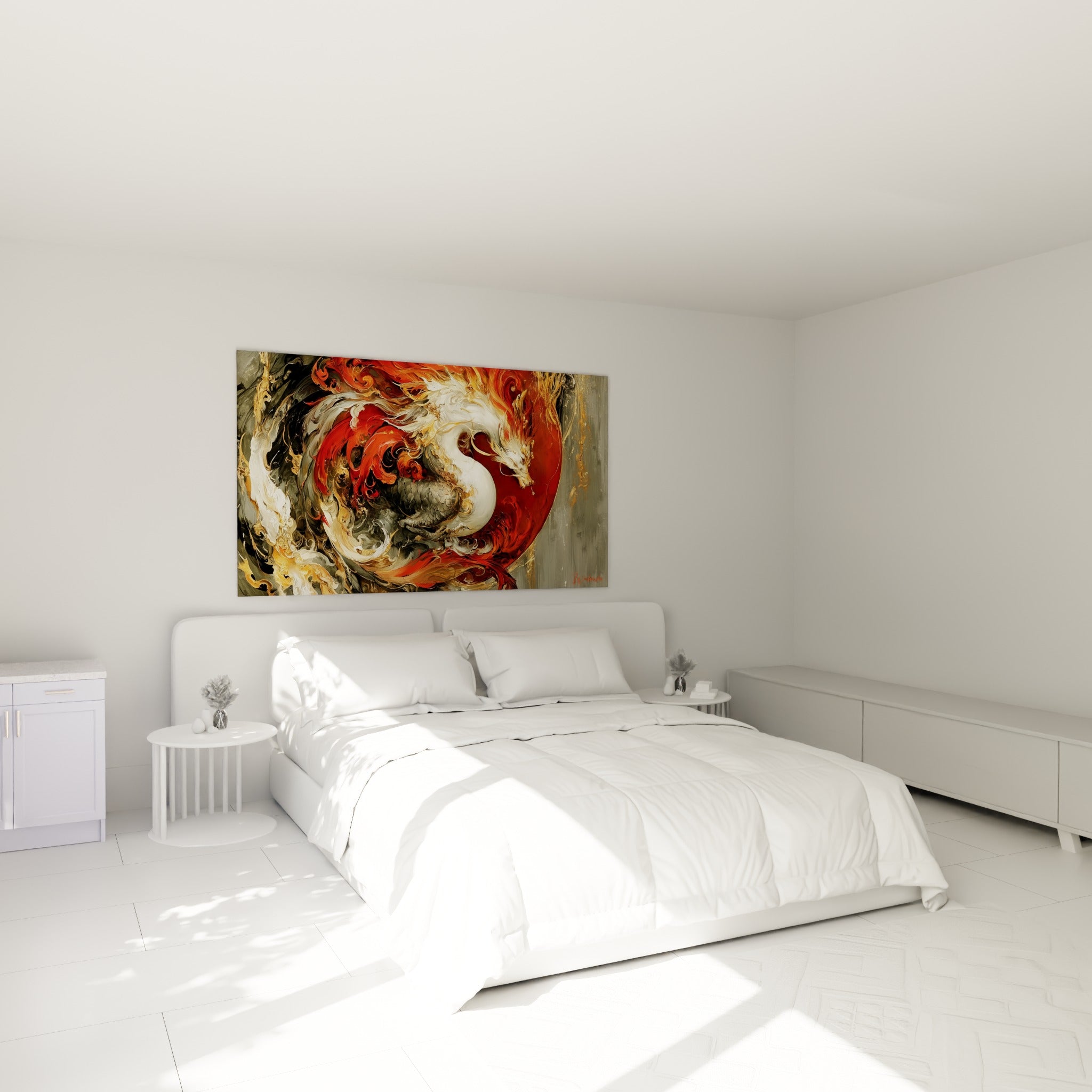 Créature serpentine blanche aux flammes rouges et or, accrochée au-dessus d'un lit dans une chambre claire