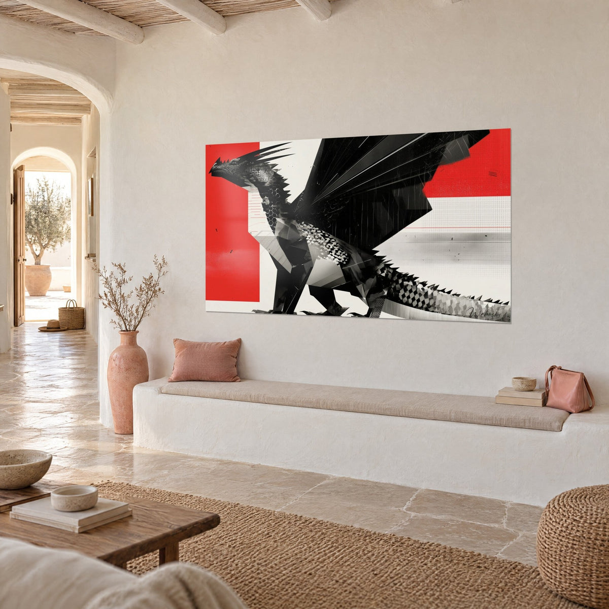 Schilderij gevleugeld wezen met zwart-witte geruite schubben, scharlakenrode vlakken op crème muur, mediterrane bank