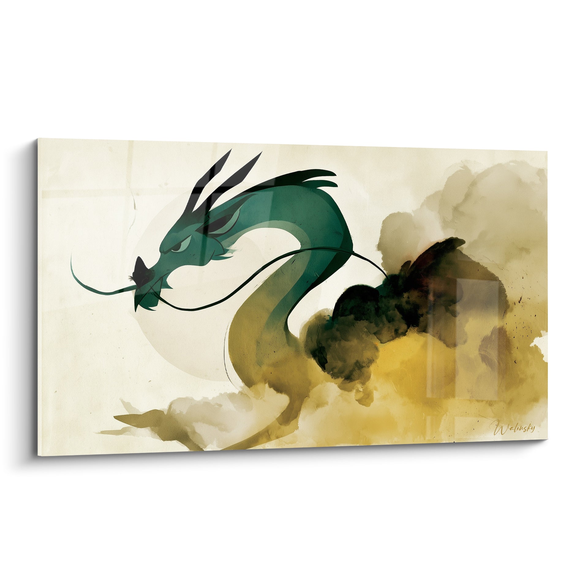 Dragon vert émeraude déploie son corps sinueux dans un nuage ocre et anthracite, style aquarelle orientale