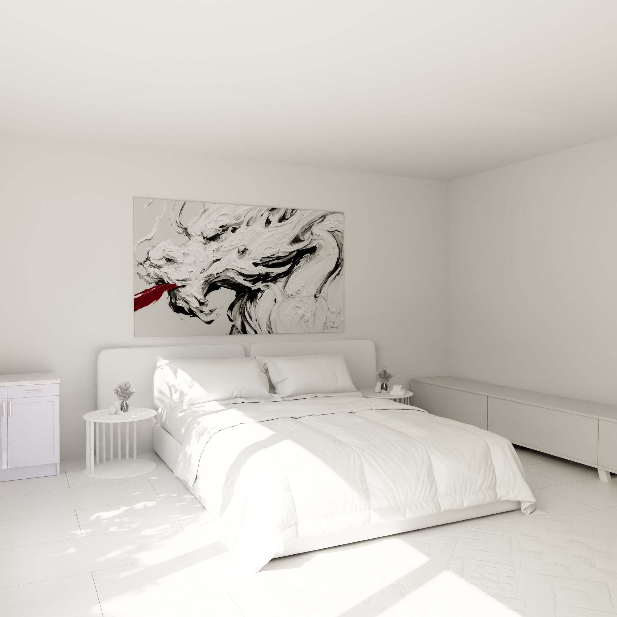 Créature mythique blanche et noire à langue rouge, accrochée au-dessus d'un lit dans une chambre claire