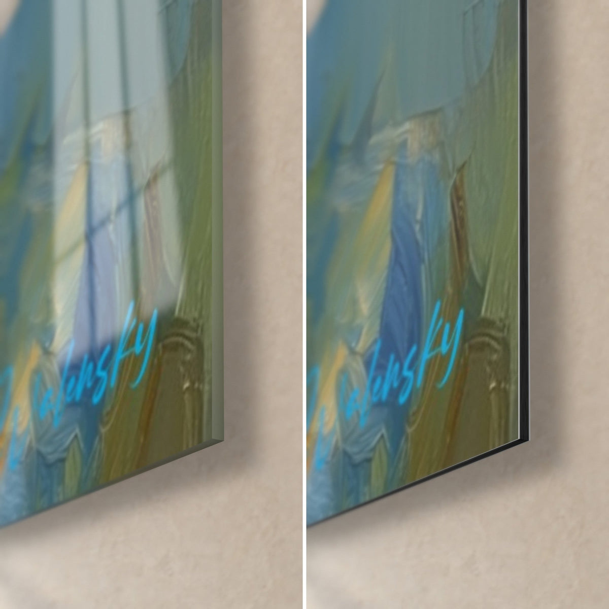 Wall art green dragon with blue scales, bottom right corner: glossy glass on the left, matte Dibond aluminium on the right, 3 mm thickness