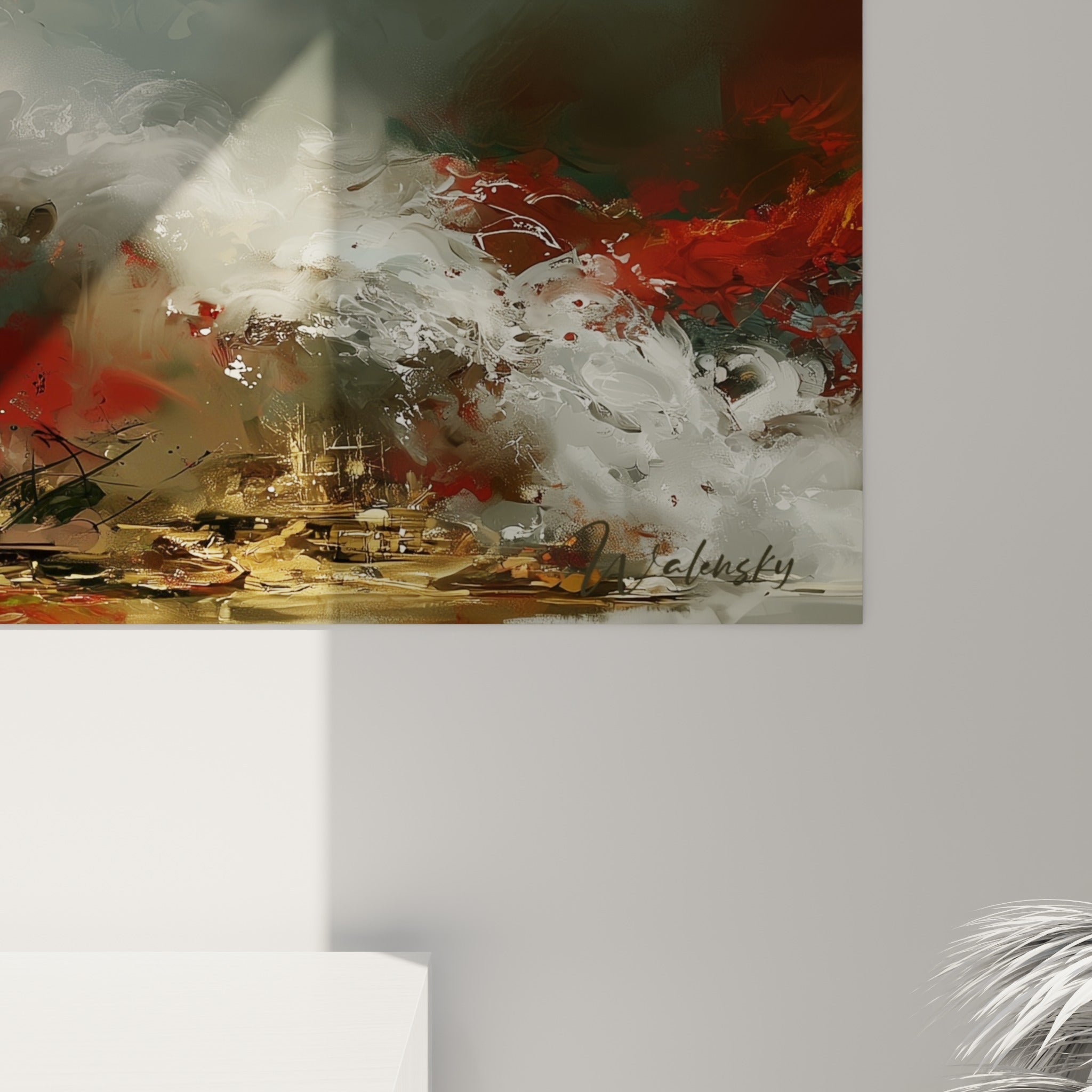 Empâtements rouges et dorés visibles de près, matière picturale dense mêlant fumée blanche et écailles sombres