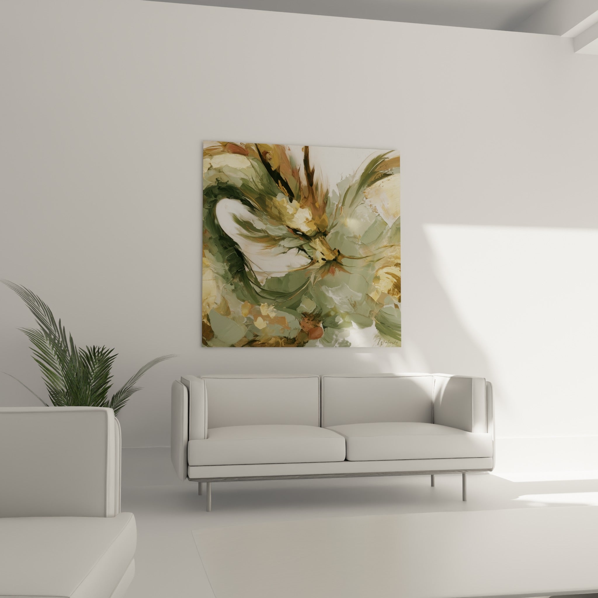 Tourbillon doré et vert sauge du dragon abstrait au-dessus d'un canapé dans un salon lumineux