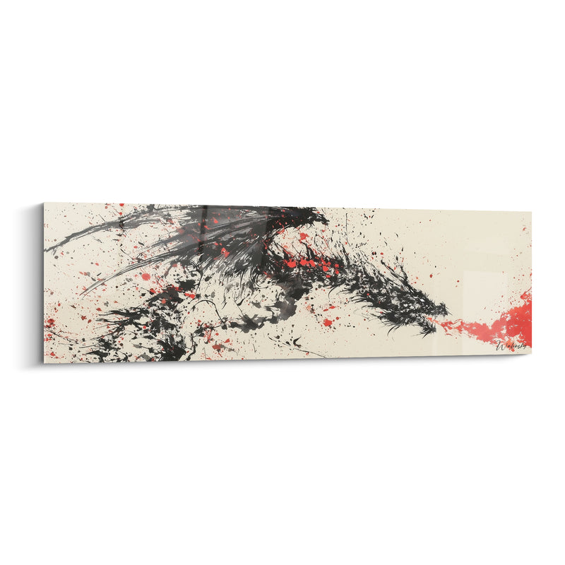 Tableau Dragon noir et rouge crachant des éclaboussures d'encre - Fond ivoire immaculé - Edition Dragon