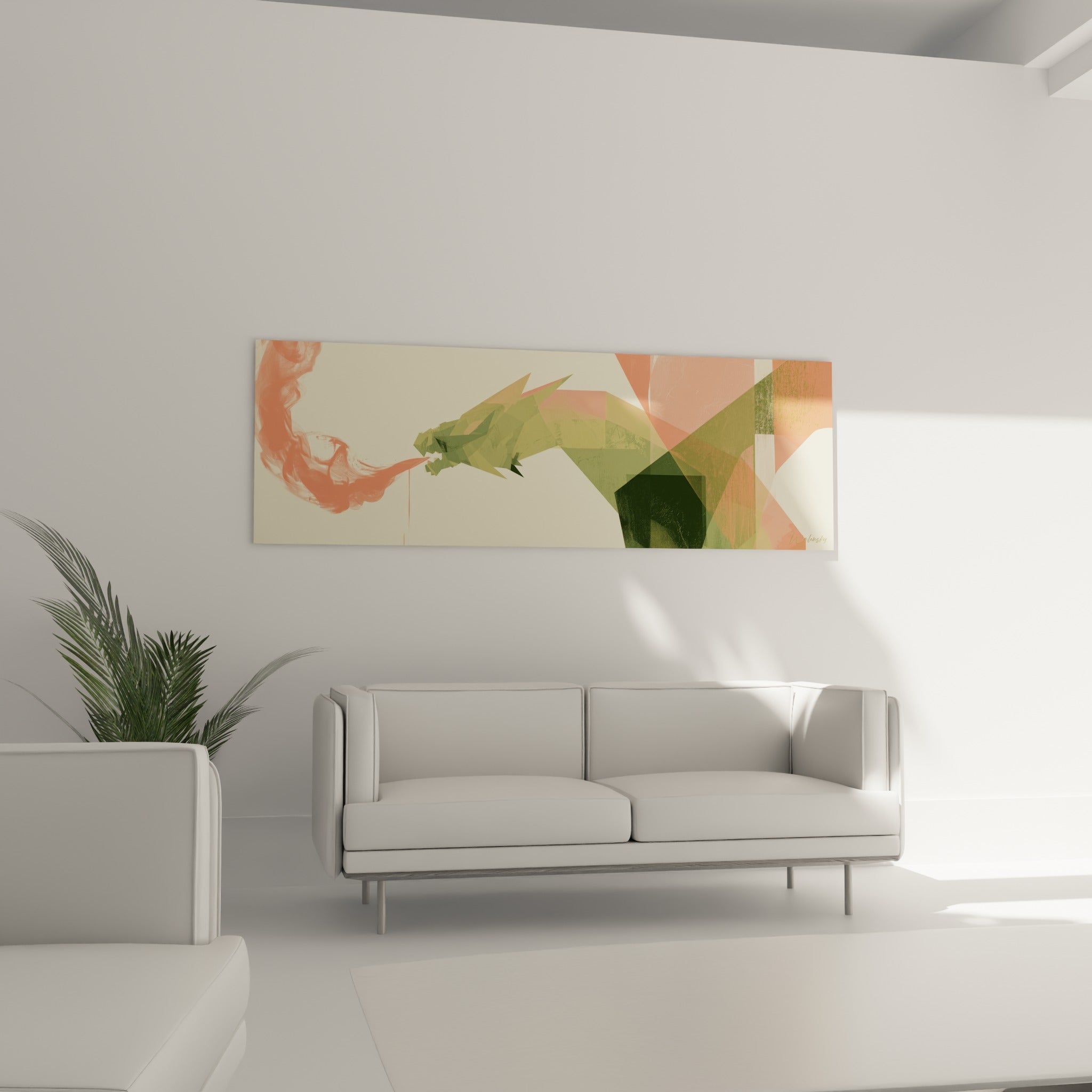 Silhouette de dragon anthracite et corail aux formes triangulaires, au-dessus d'un canapé dans un salon lumineux