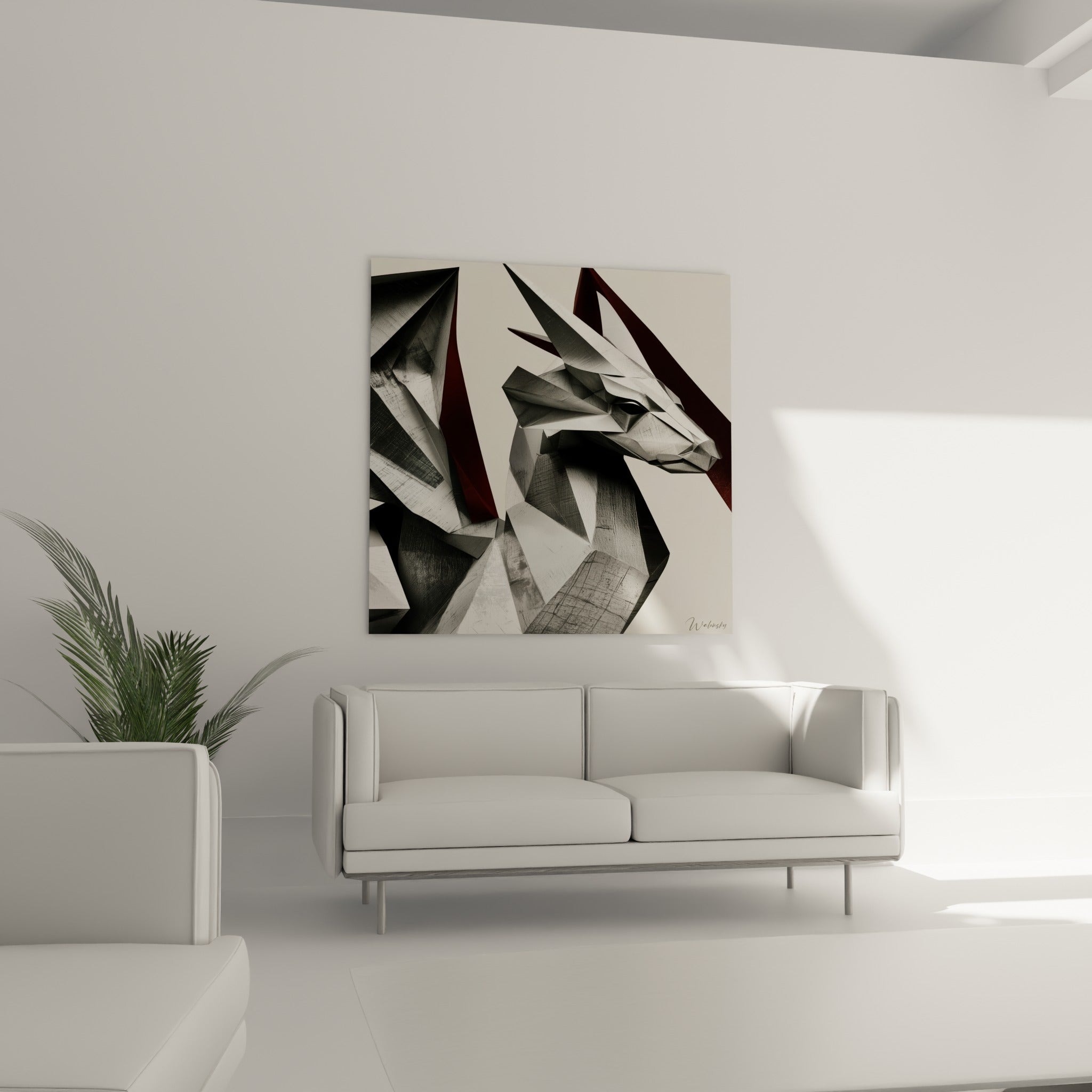 Profil du dragon métallique aux tons gris et bordeaux, œuvre placée au-dessus d'un canapé dans un salon lumineux