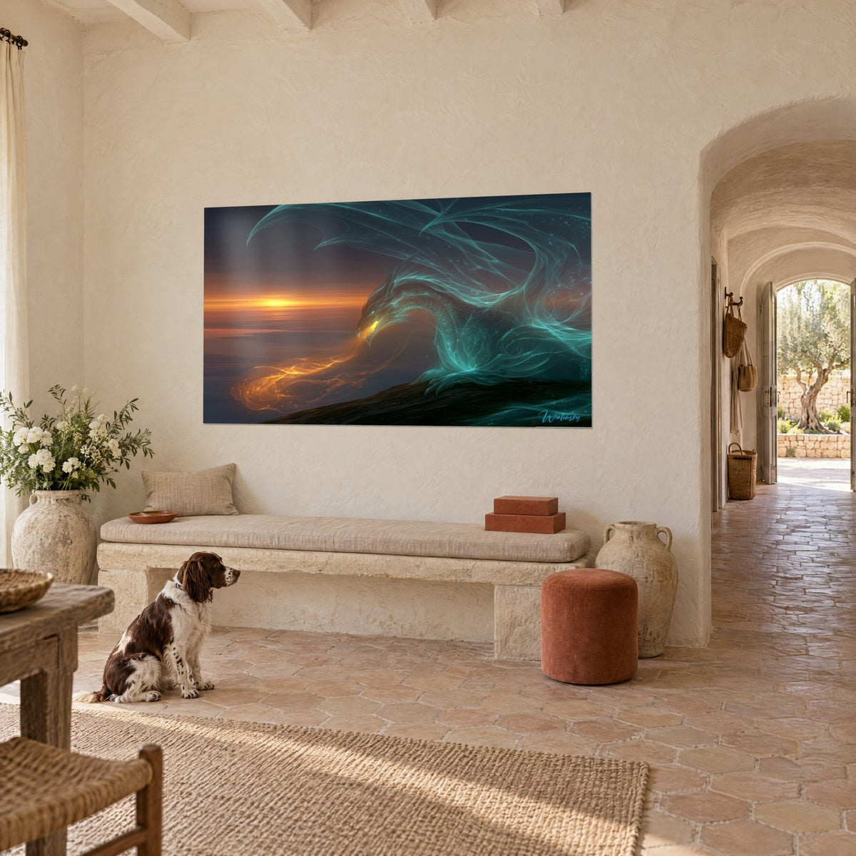 Tableau créature ailée de volutes vert d'eau, flamme orangée et horizon cuivré, mur crème d'un mas, spaniel assis