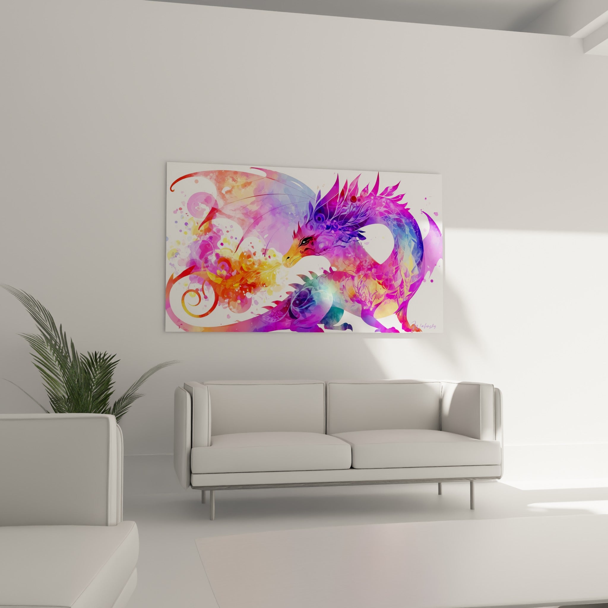 Silhouette fantastique violette et dorée soufflant du feu, au-dessus d'un canapé dans un salon lumineux