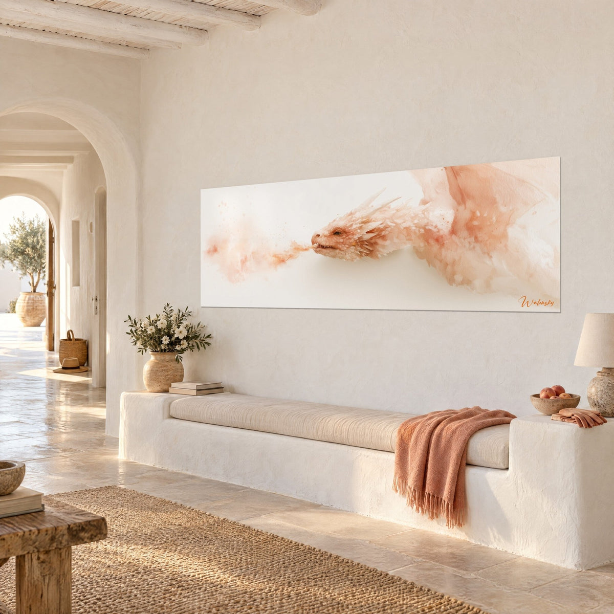 Cuadro criatura alada de escamas beige y coral cuyo aliento polvoriento se extiende, vista de tres cuartos, casa mediterránea