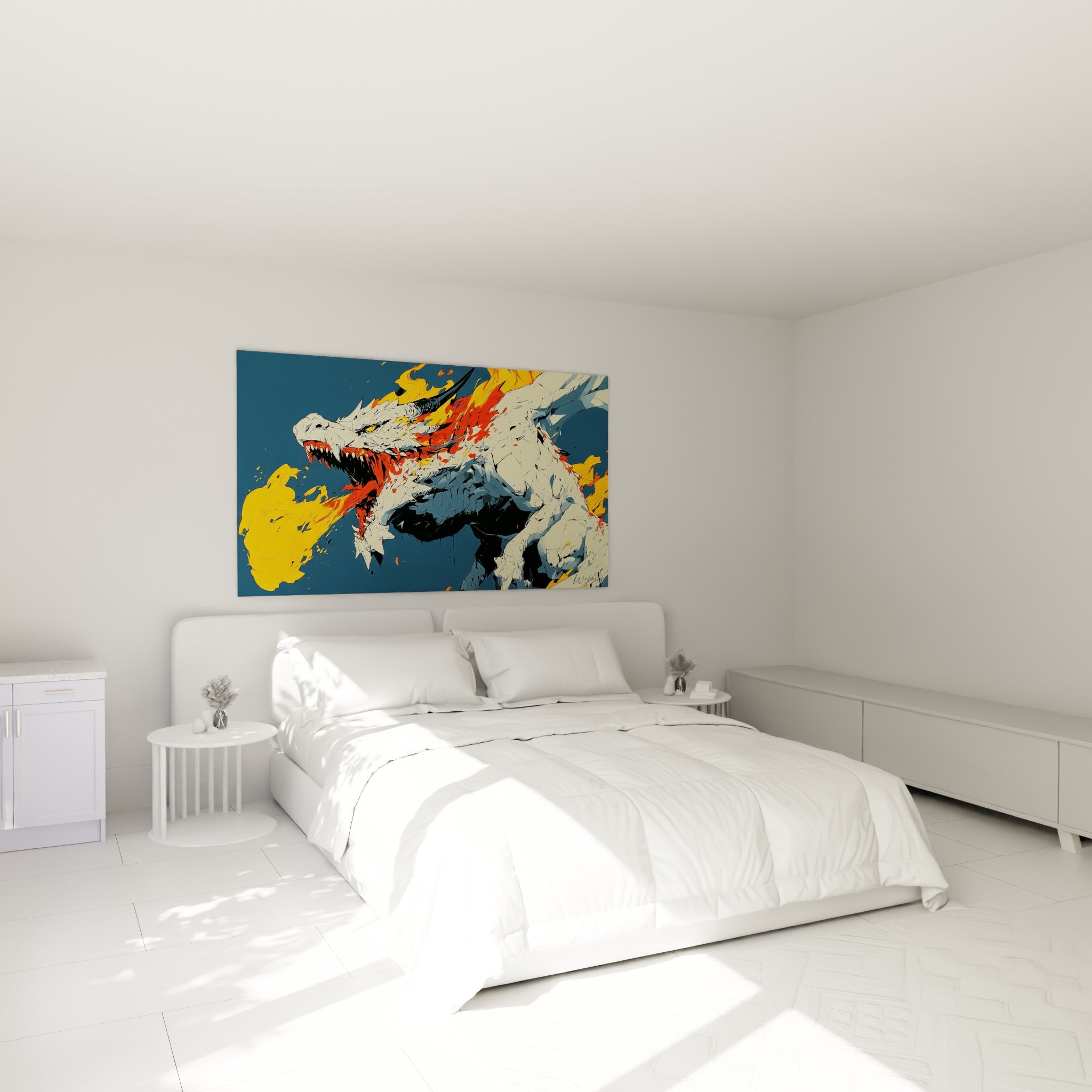 Créature fantastique aux flammes rouge et ocre accrochée au-dessus d'un lit dans une chambre claire