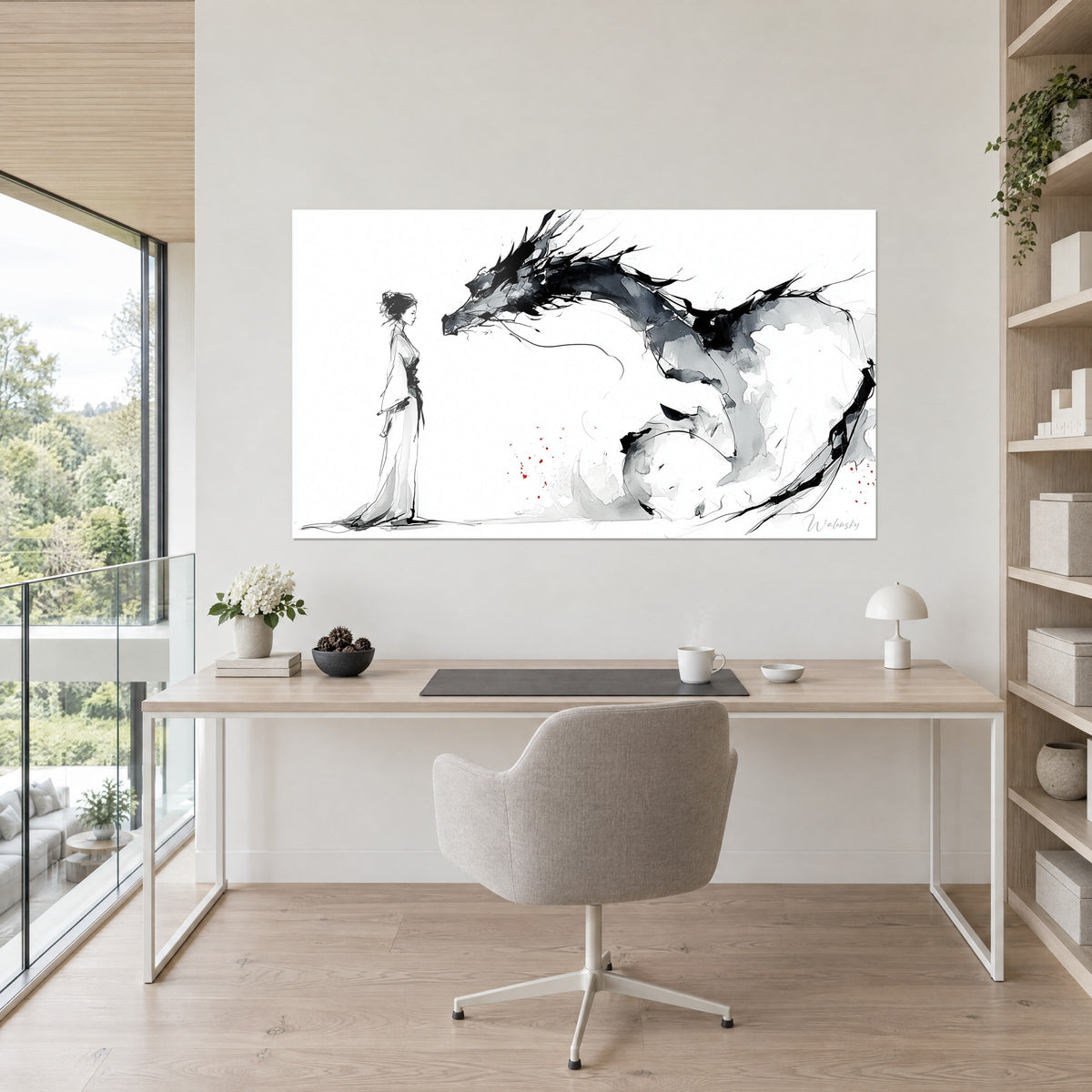 Quadro bestia leggendaria nera e grigia eretta davanti a una donna in abito bianco, macchioline rosse, scrivania in legno chiaro