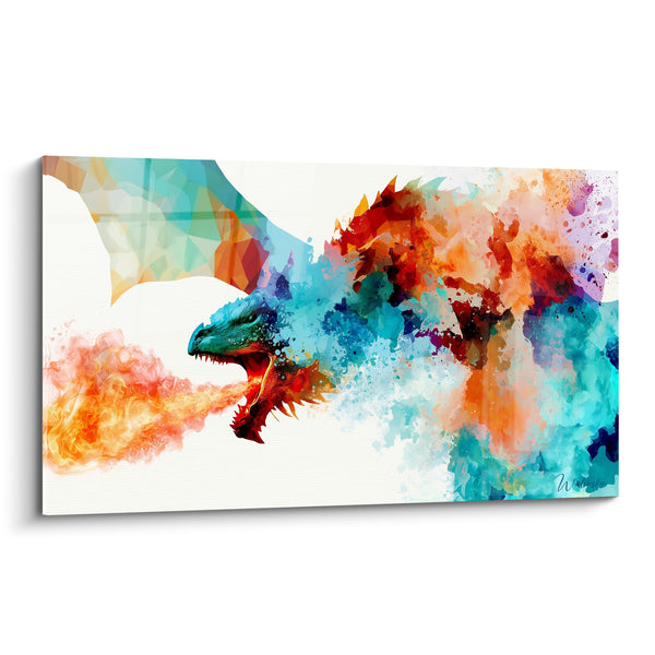 Cuadro Dragón turquesa y coral sobre fondo blanco salpicado - Ala con facetas cristalinas - Edición Dragón