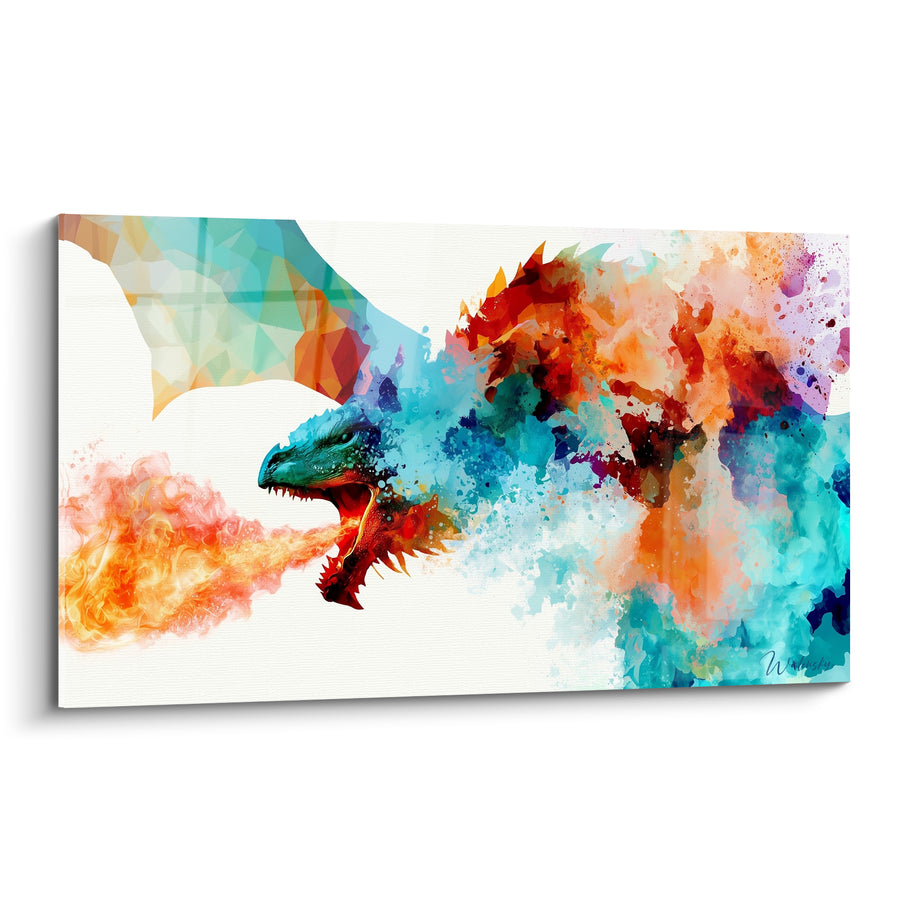 Tableau Dragon turquoise et corail sur fond blanc éclaboussé - Aile aux facettes cristallines - Edition Dragon