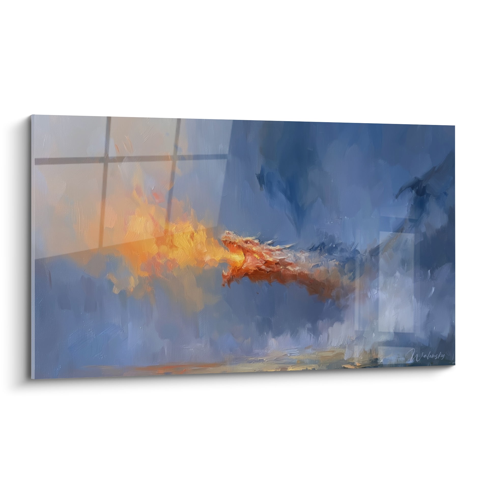 Dragon fauve crache des flammes orangées sur fond bleu ardoise en touches picturales expressives