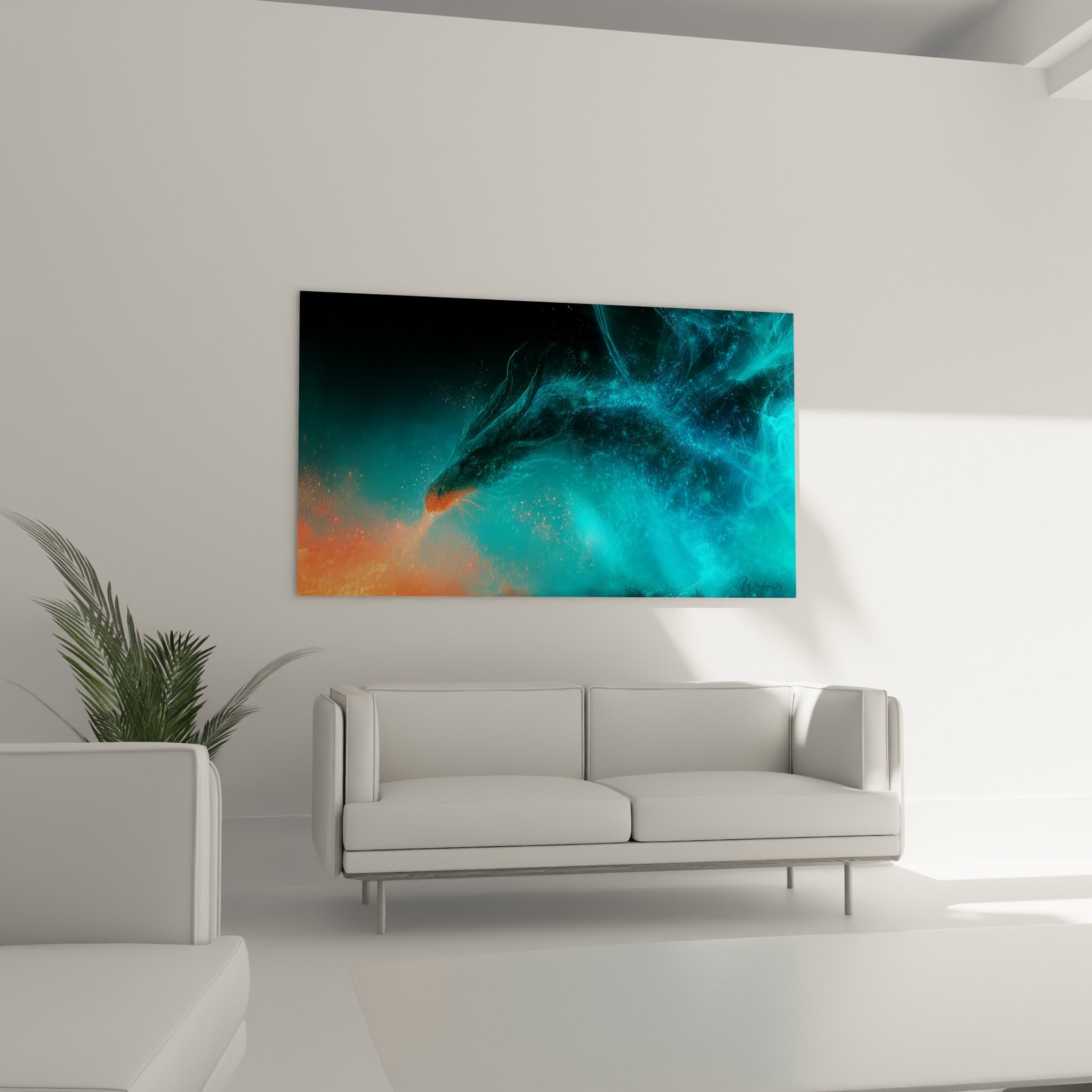 Silhouette de dragon faite de particules bleu profond et flammes orange, au-dessus d'un canapé dans un salon lumineux