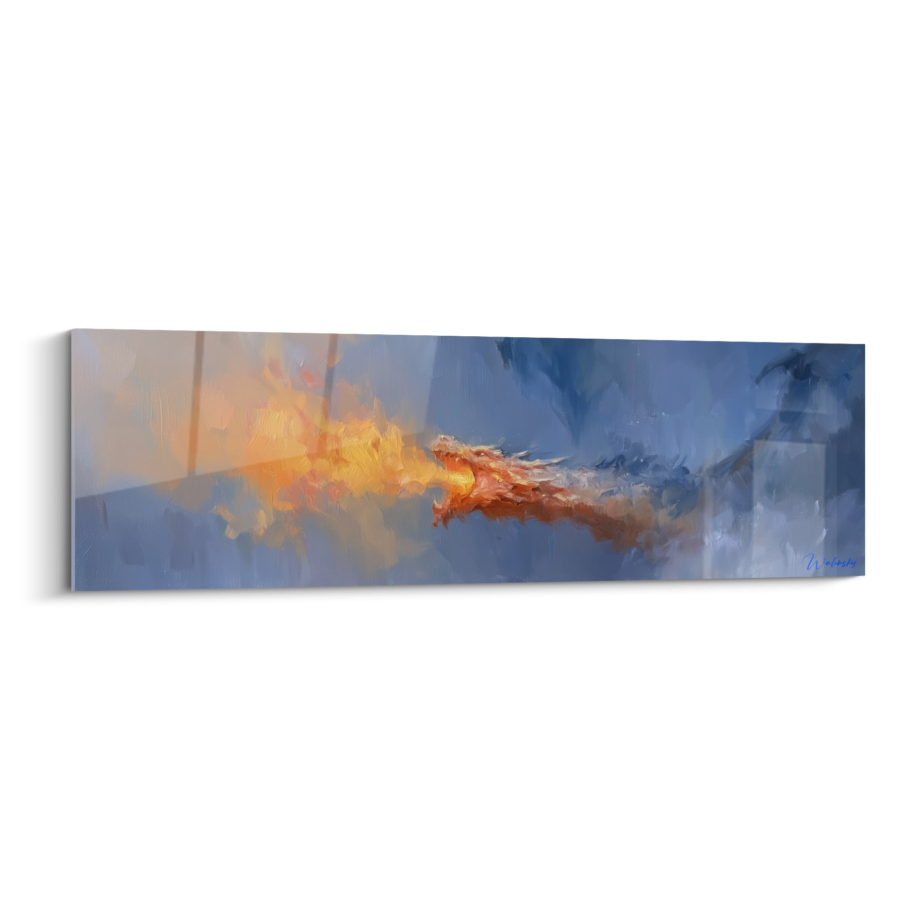 Dragon aux flammes orangées et bleu marine, gueule entrouverte, souffle ardent peint en empâtements
