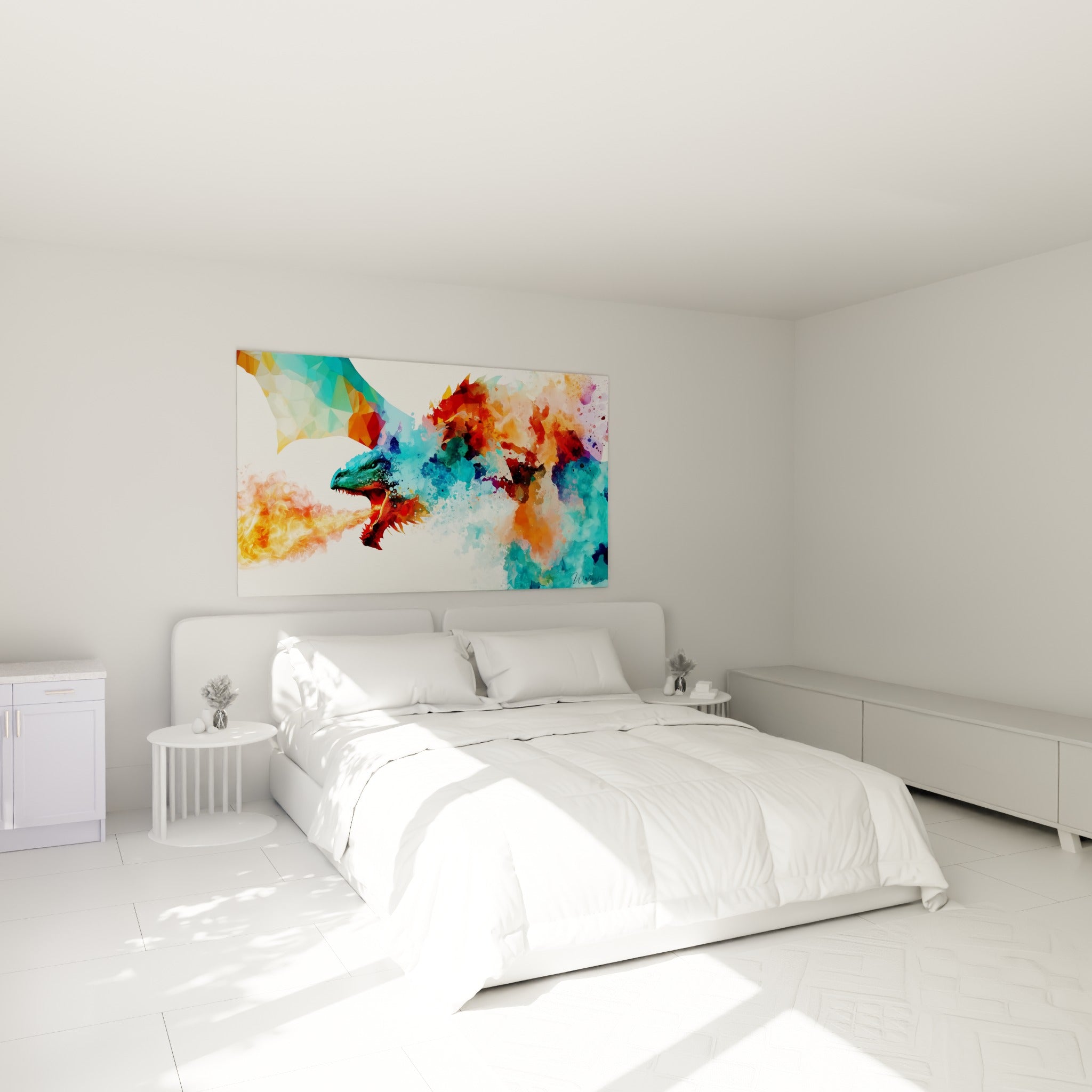 Créature ailée au souffle de feu orangé et turquoise, accrochée au-dessus d'un lit dans une chambre claire