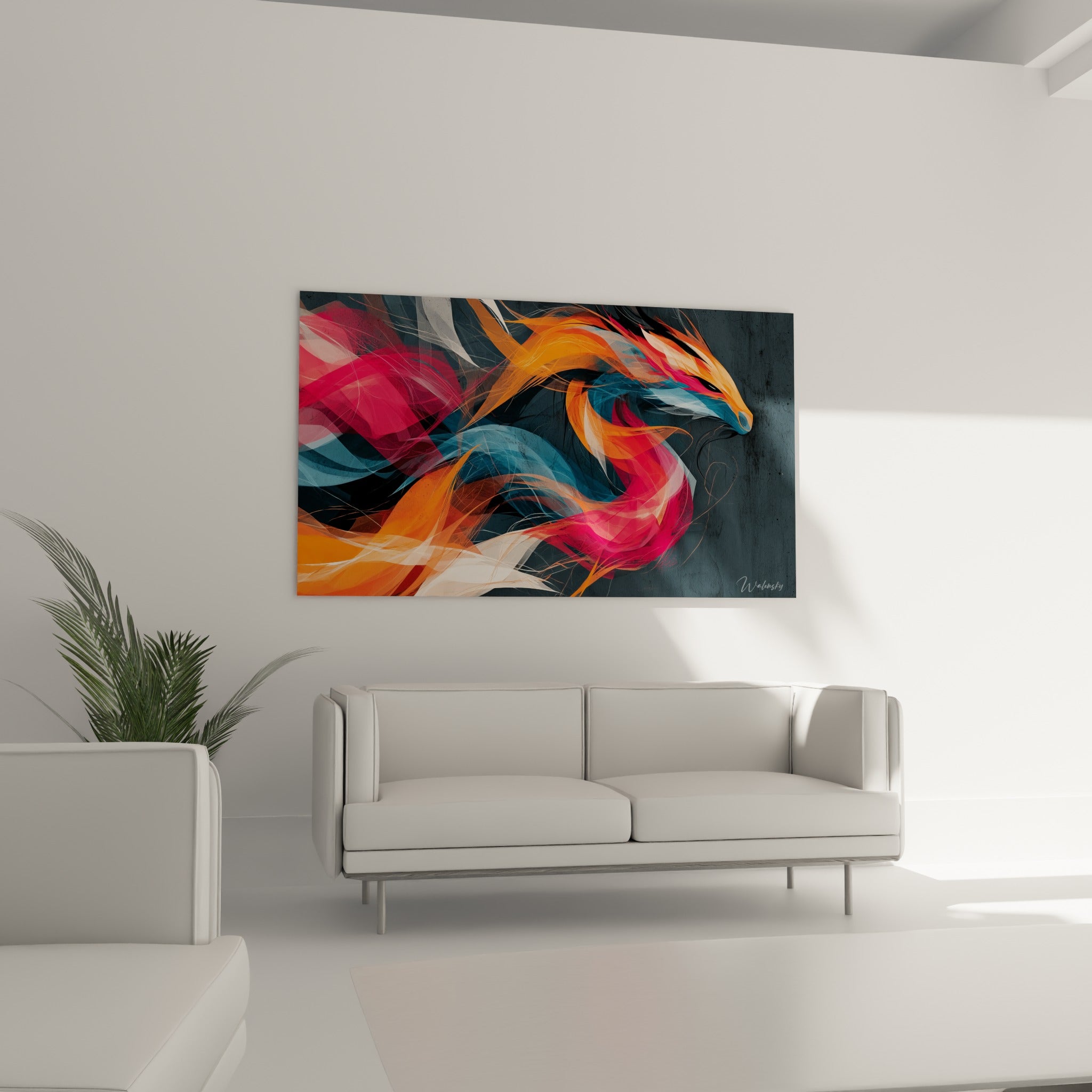 Spirale de flammes rose vif et orange formant un dragon abstrait, au-dessus d'un canapé dans un salon lumineux