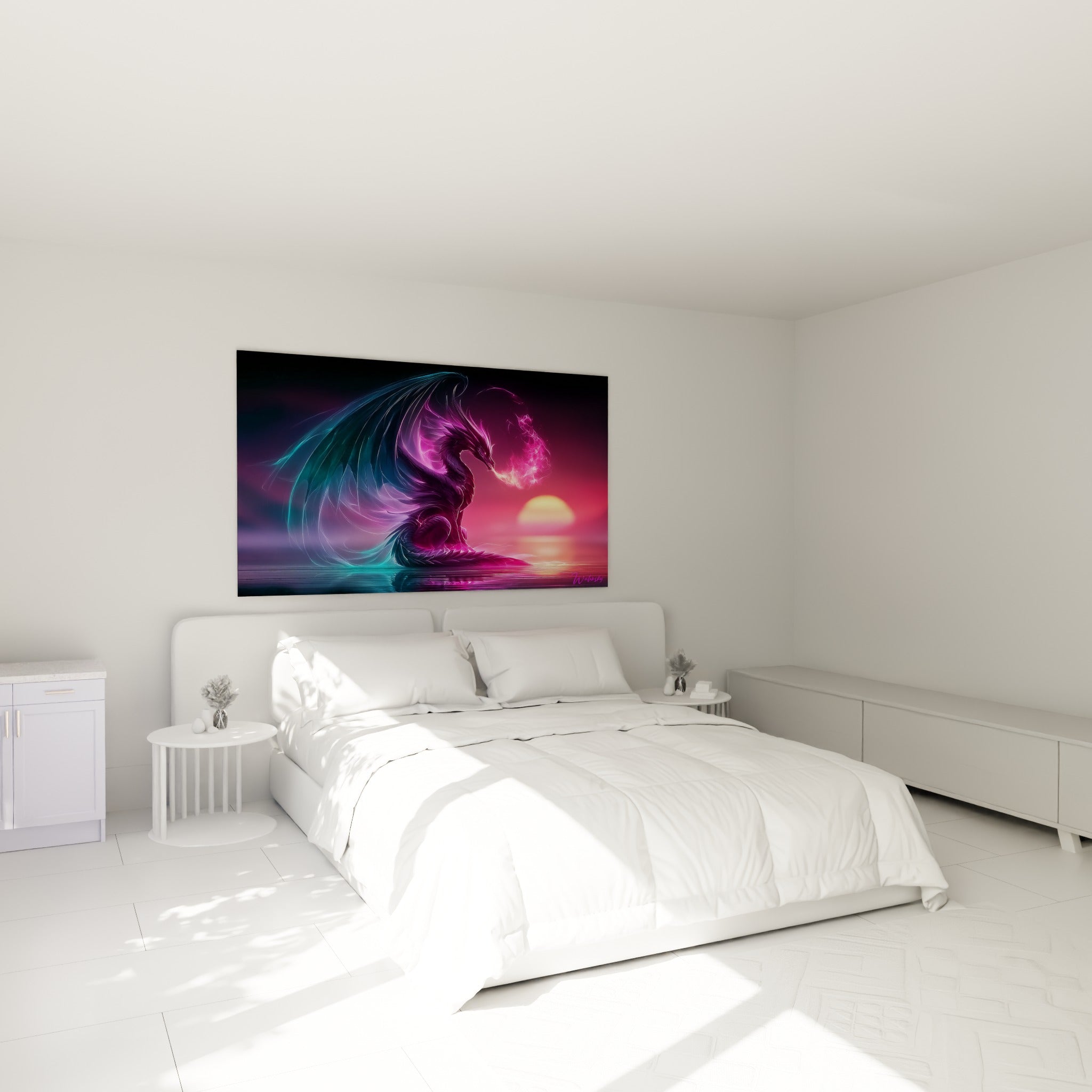 Créature mythique rose fuchsia et turquoise ornant le mur au-dessus d'un lit dans une chambre claire