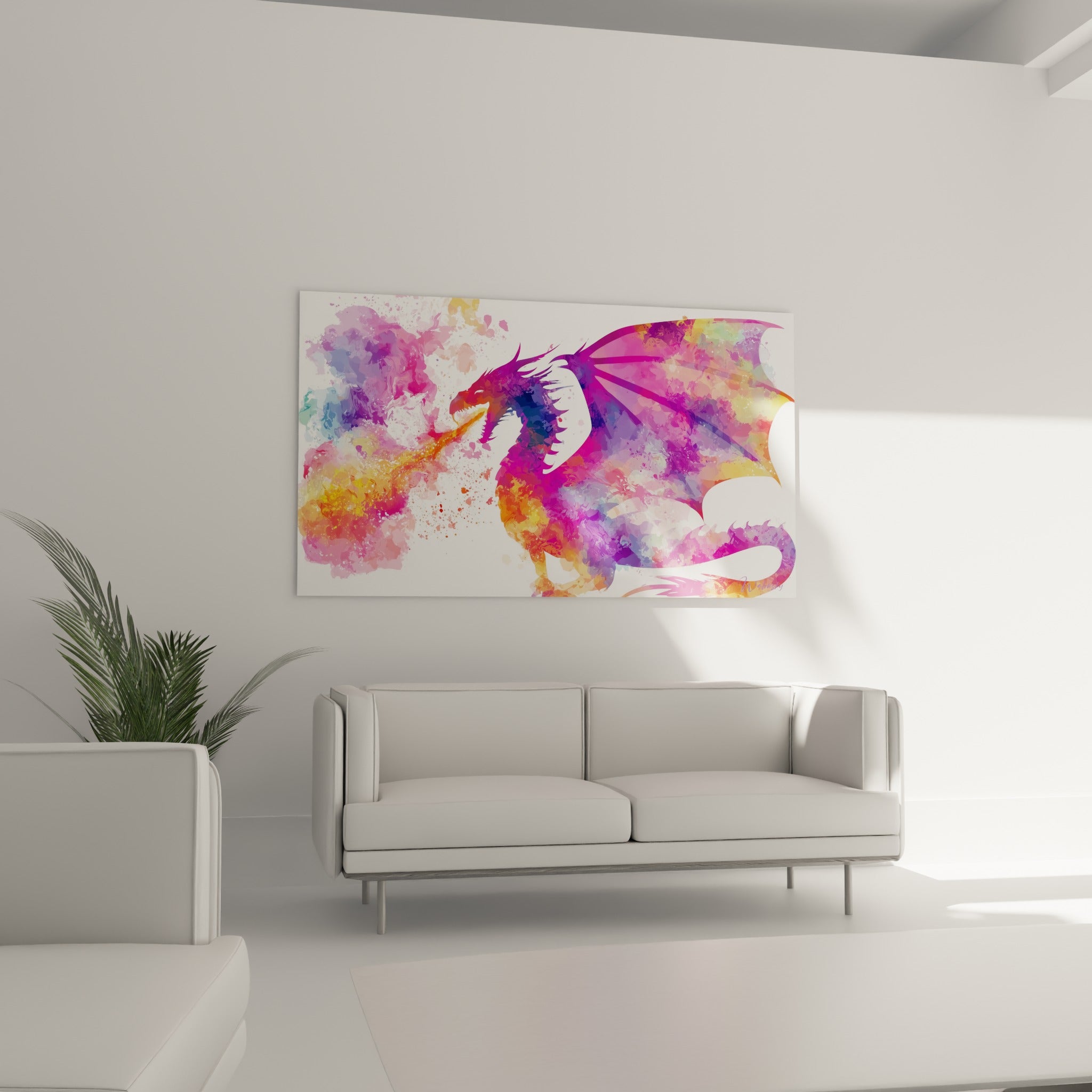 Silhouette mythique violette et corail aux ailes déployées, au-dessus d'un canapé dans un salon lumineux