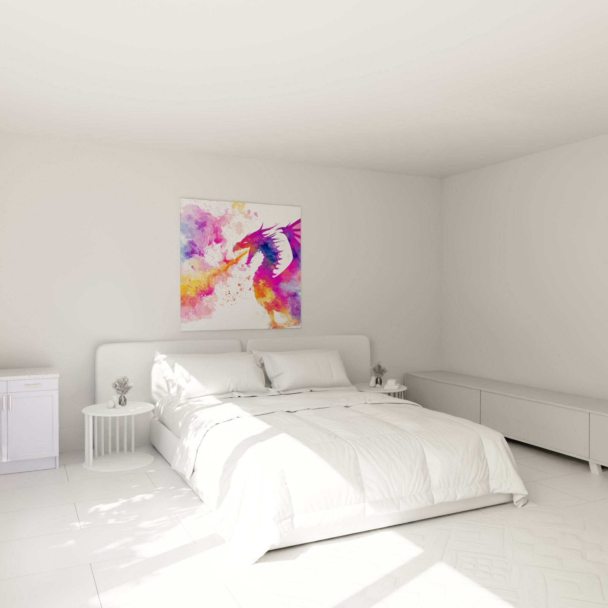 Créature ailée aux teintes violettes et fuchsia crachant le feu, au-dessus d'un lit dans une chambre claire