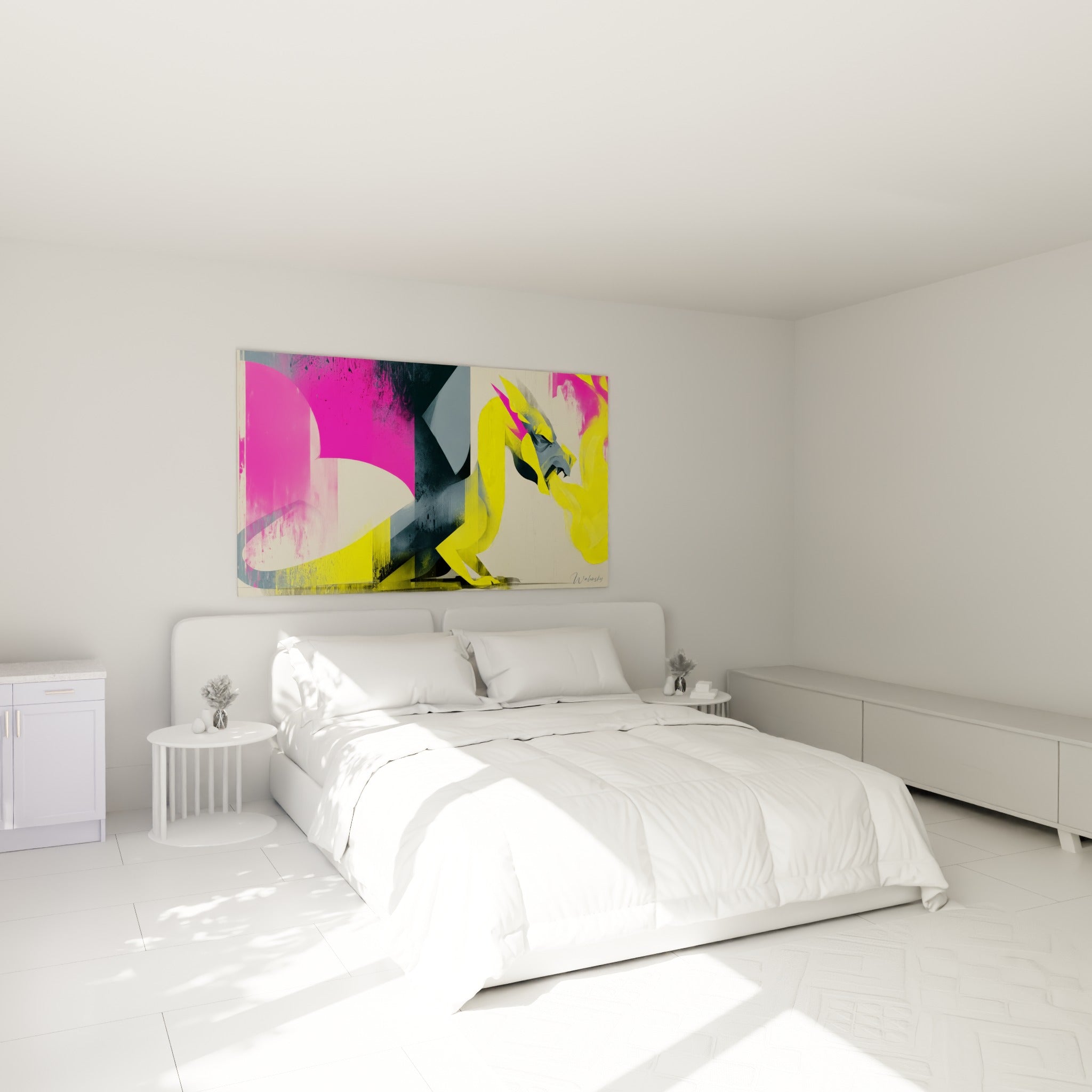 Créature jaune et rose fuchsia crachant un souffle lumineux, accrochée au-dessus d'un lit dans une chambre claire