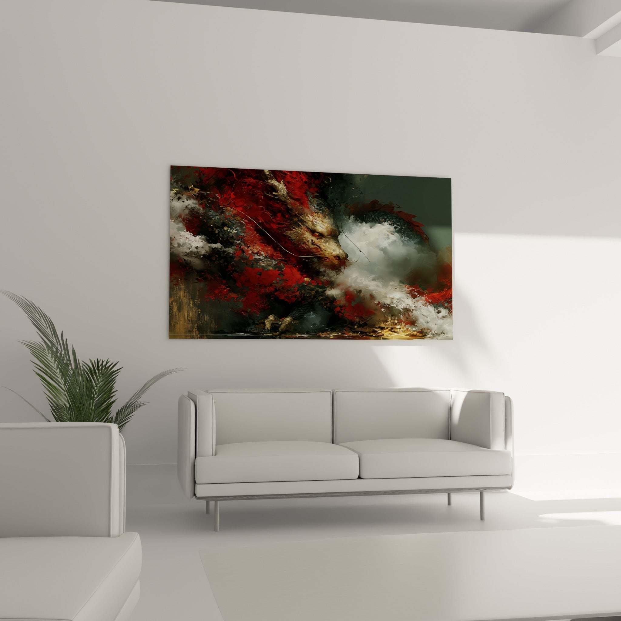 Museau doré du dragon émergeant de volutes blanches sur fond anthracite, au-dessus d'un canapé dans un salon lumineux