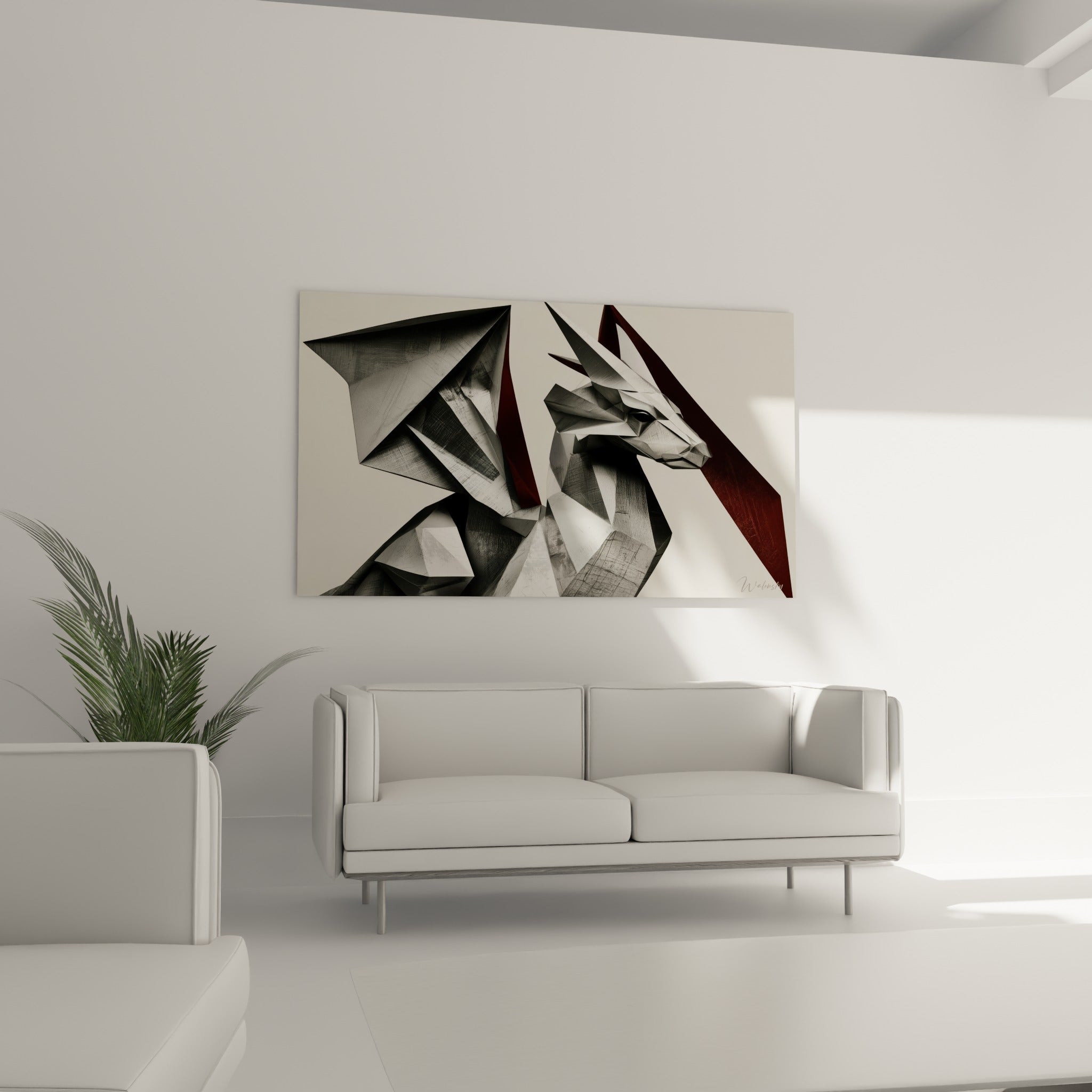 Silhouette de dragon anthracite aux cornes bordeaux au-dessus d'un canapé dans un salon lumineux