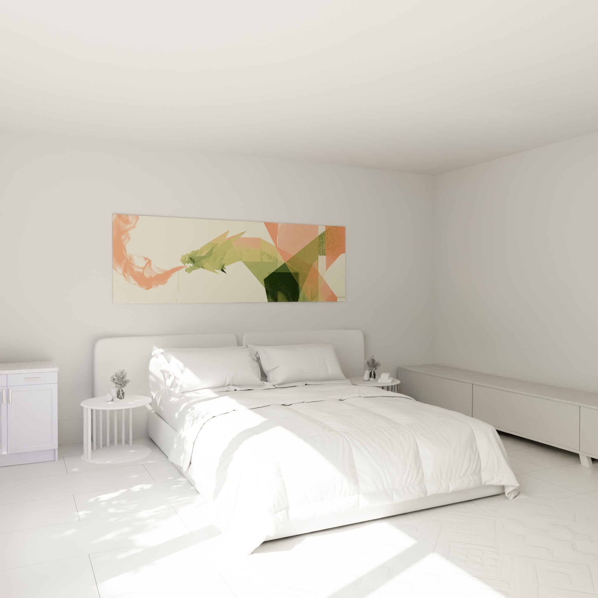 Créature dragon en facettes vertes et corail, souffle stylisé, au-dessus d'un lit dans une chambre claire