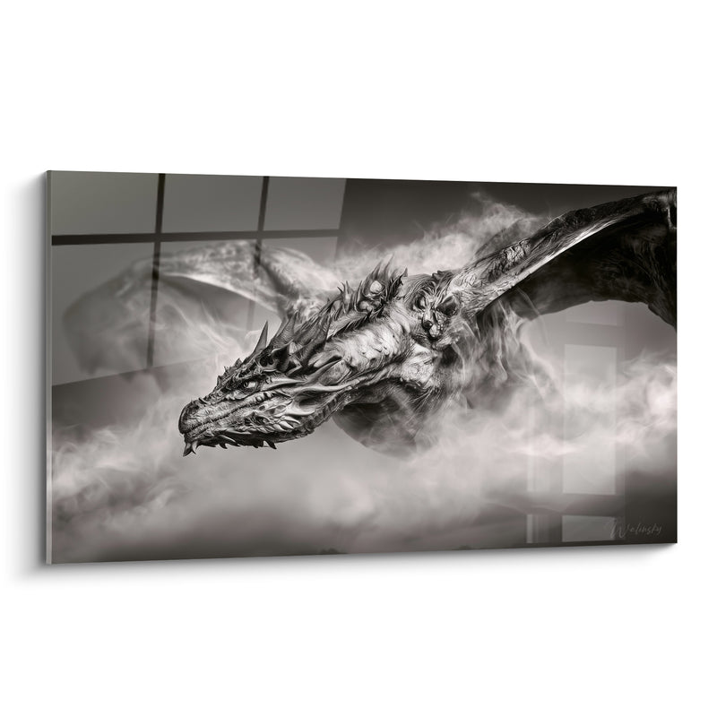 Tableau Dragon gris et blanc dans la brume - Vol dans la brume - Edition Dragon