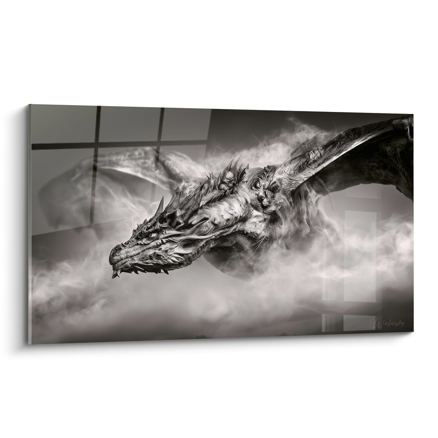 Tableau Dragon gris et blanc dans la brume - Vol dans la brume - Edition Dragon
