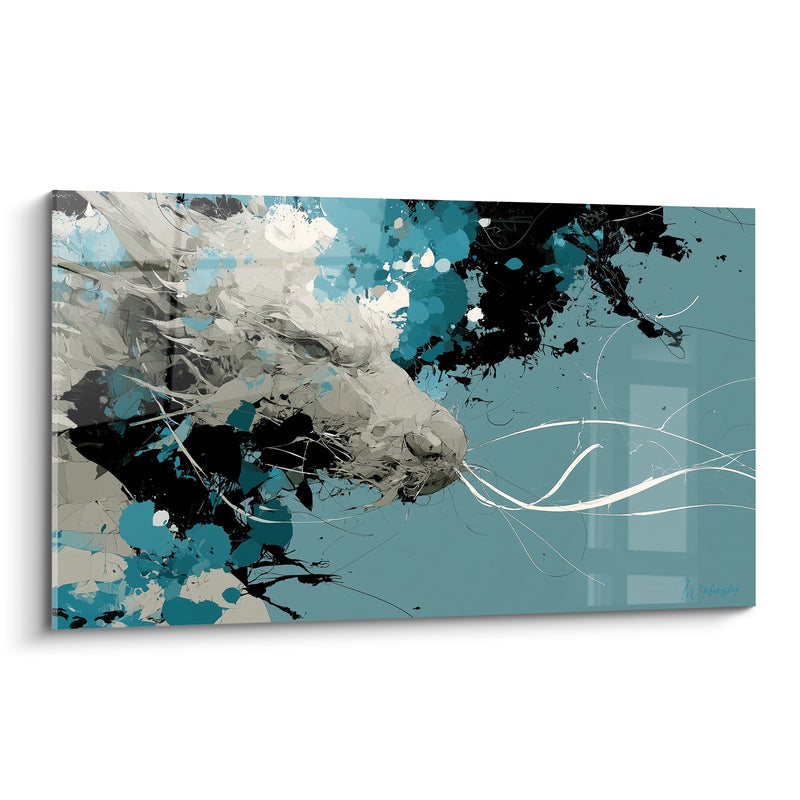 Tableau Tête grise et turquoise aux fines moustaches ondulées - Éclaboussures encre bleutée - Edition Dragon
