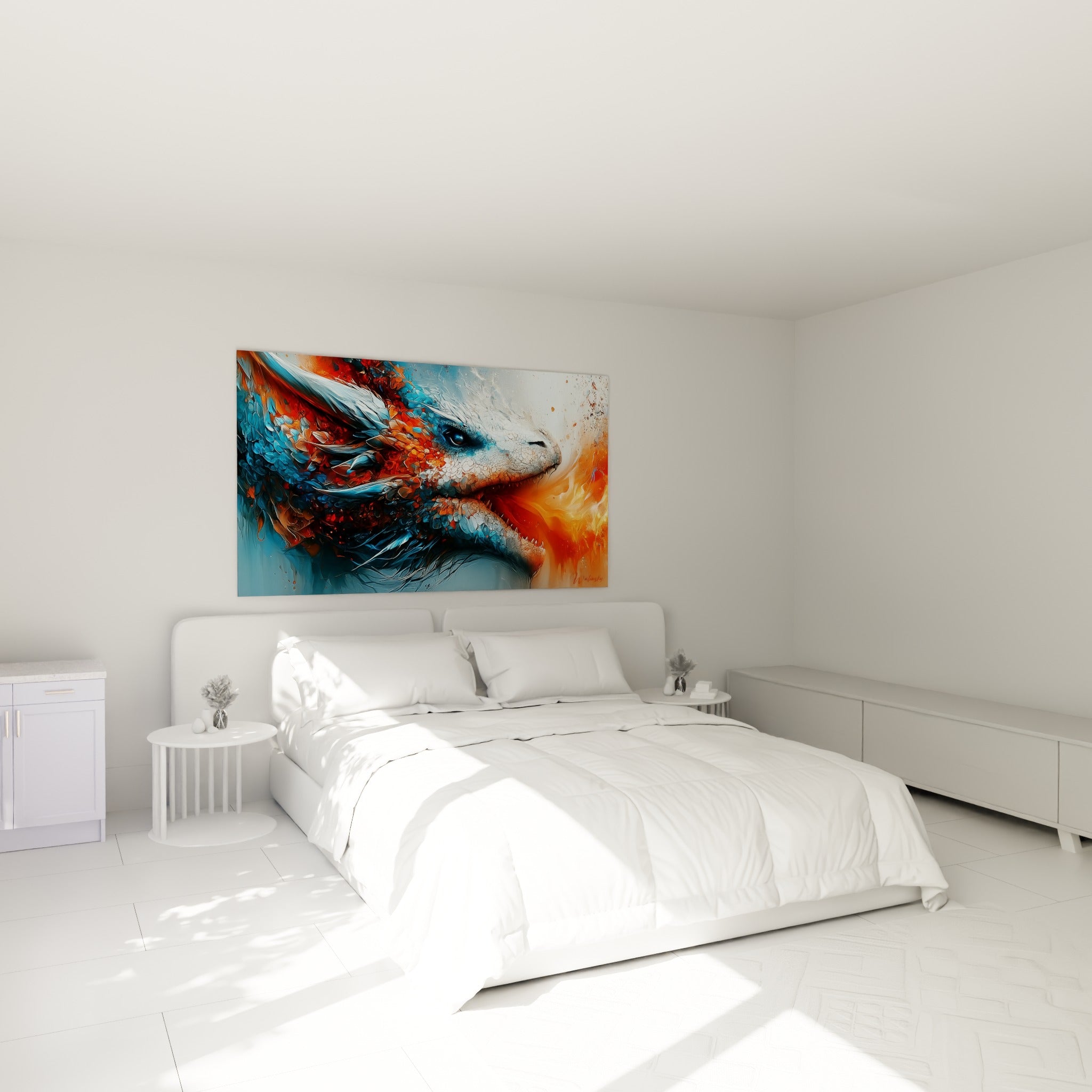 Créature ailée bleue et orange soufflant du feu, accrochée au-dessus d'un lit dans une chambre claire