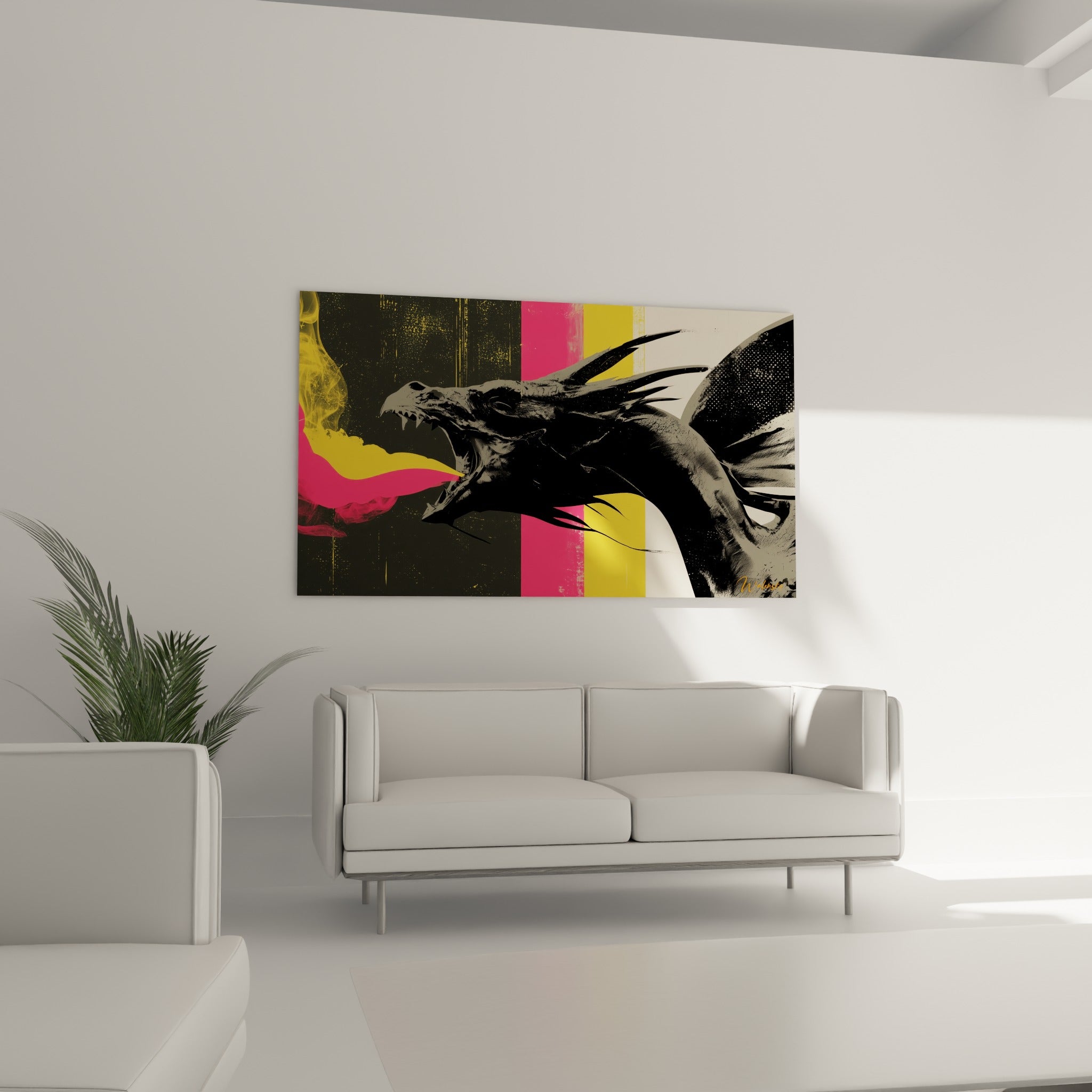 Gueule de dragon noire crachant un souffle fuchsia et moutarde, au-dessus d'un canapé dans un salon lumineux