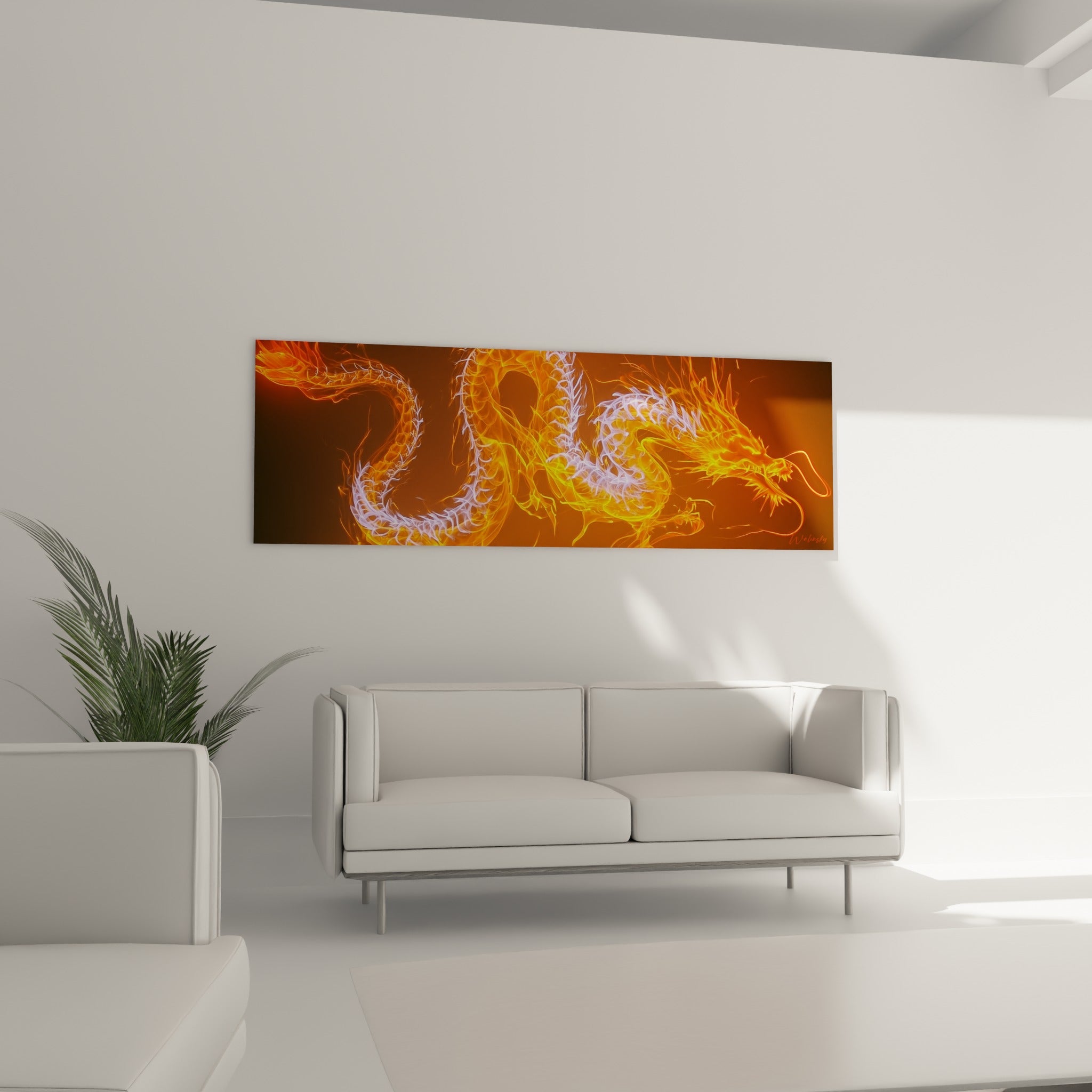 Dragon incandescent orange et blanc nacré déployé, au-dessus d'un canapé dans un salon lumineux