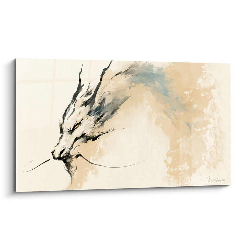 Tableau Tête beige et bleu pâle aux longs barbillons - Œil doré perçant - Edition Dragon
