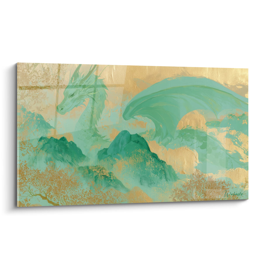 Tableau Dragon vert jade survolant des montagnes dorées - Envol légendaire - Edition Dragon
