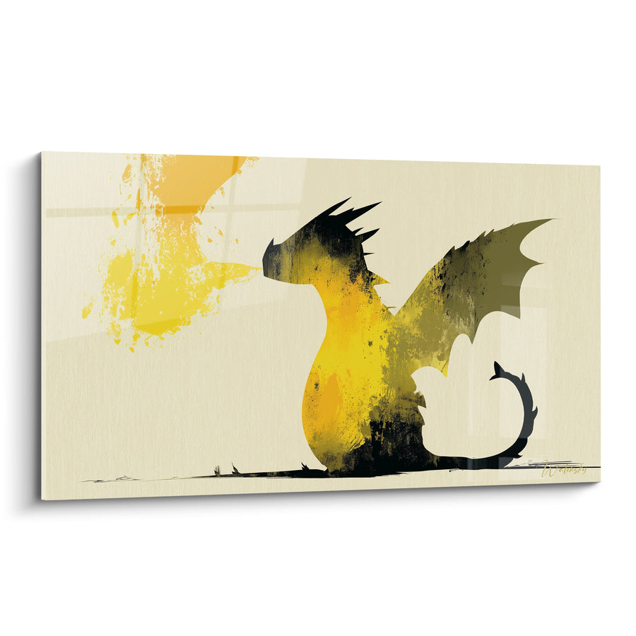 Tableau Silhouette jaune et noire crachant flamme éclaboussée - Queue enroulée en crochet - Edition Dragon