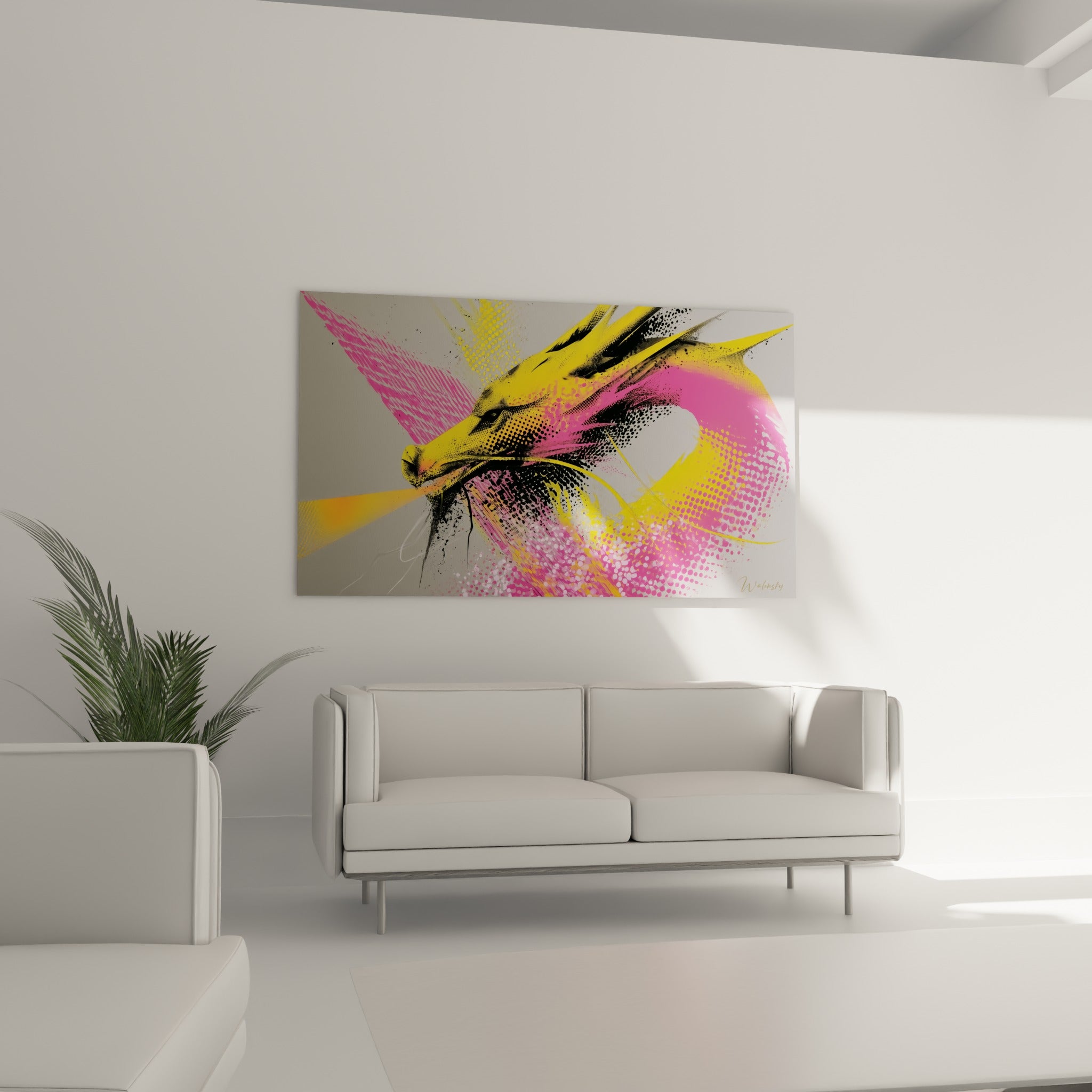 Tête de dragon jaune et rose graphique disposée au-dessus d'un canapé dans un salon lumineux