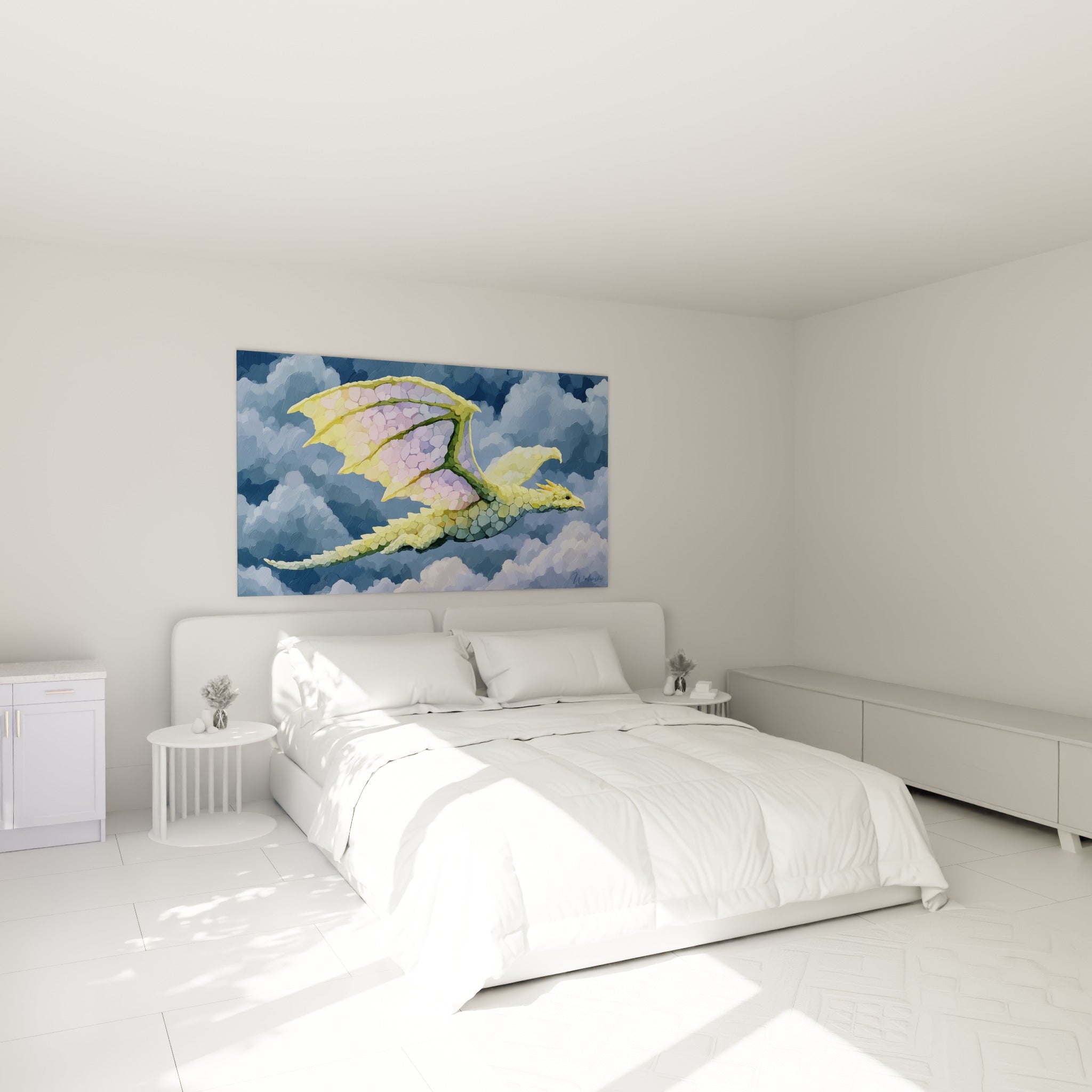 Créature ailée jaune et mauve en plein vol accrochée au-dessus d'un lit dans une chambre claire