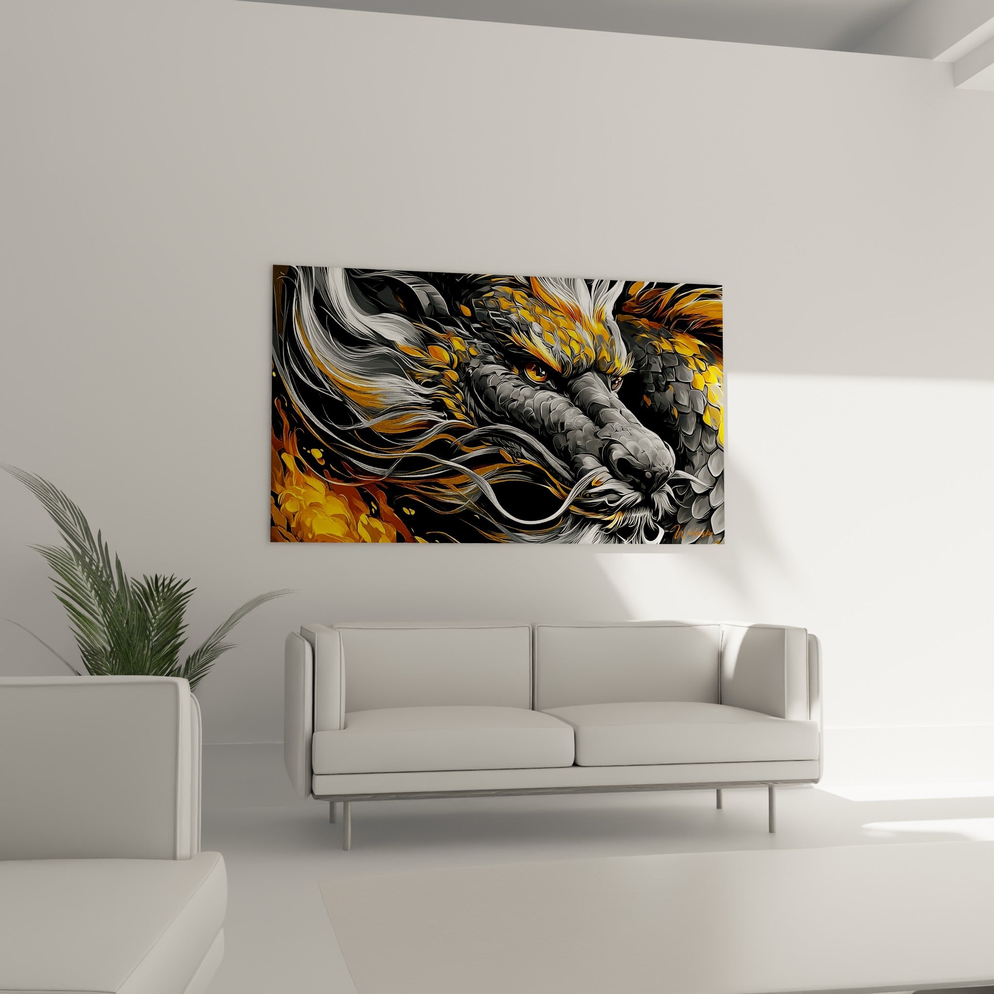 Museau de dragon gris et doré aux mèches blanches ondulantes, au-dessus d'un canapé dans un salon lumineux