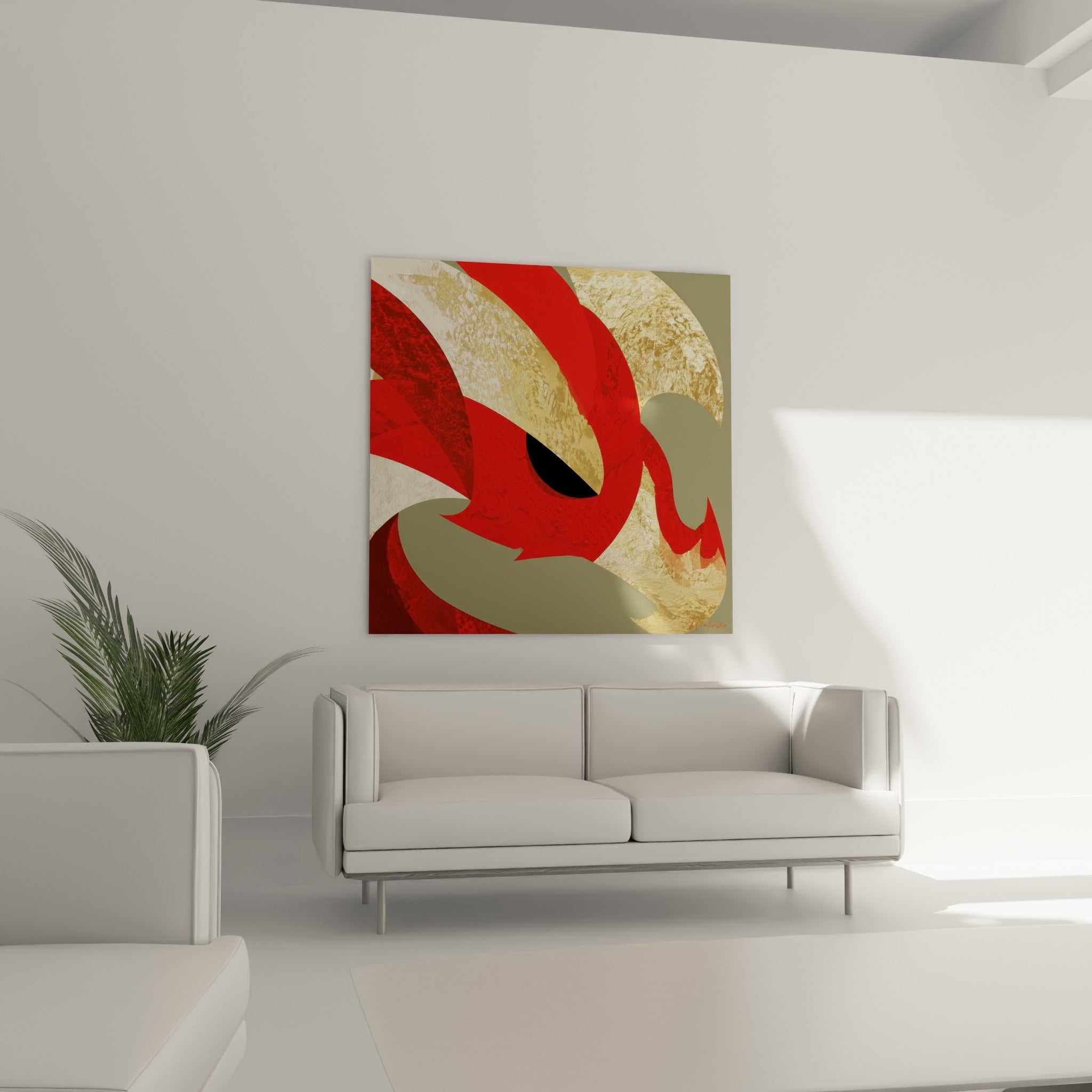 Museau écailleux rouge et doré du dragon, œil sombre, disposé au-dessus d'un canapé dans un salon lumineux