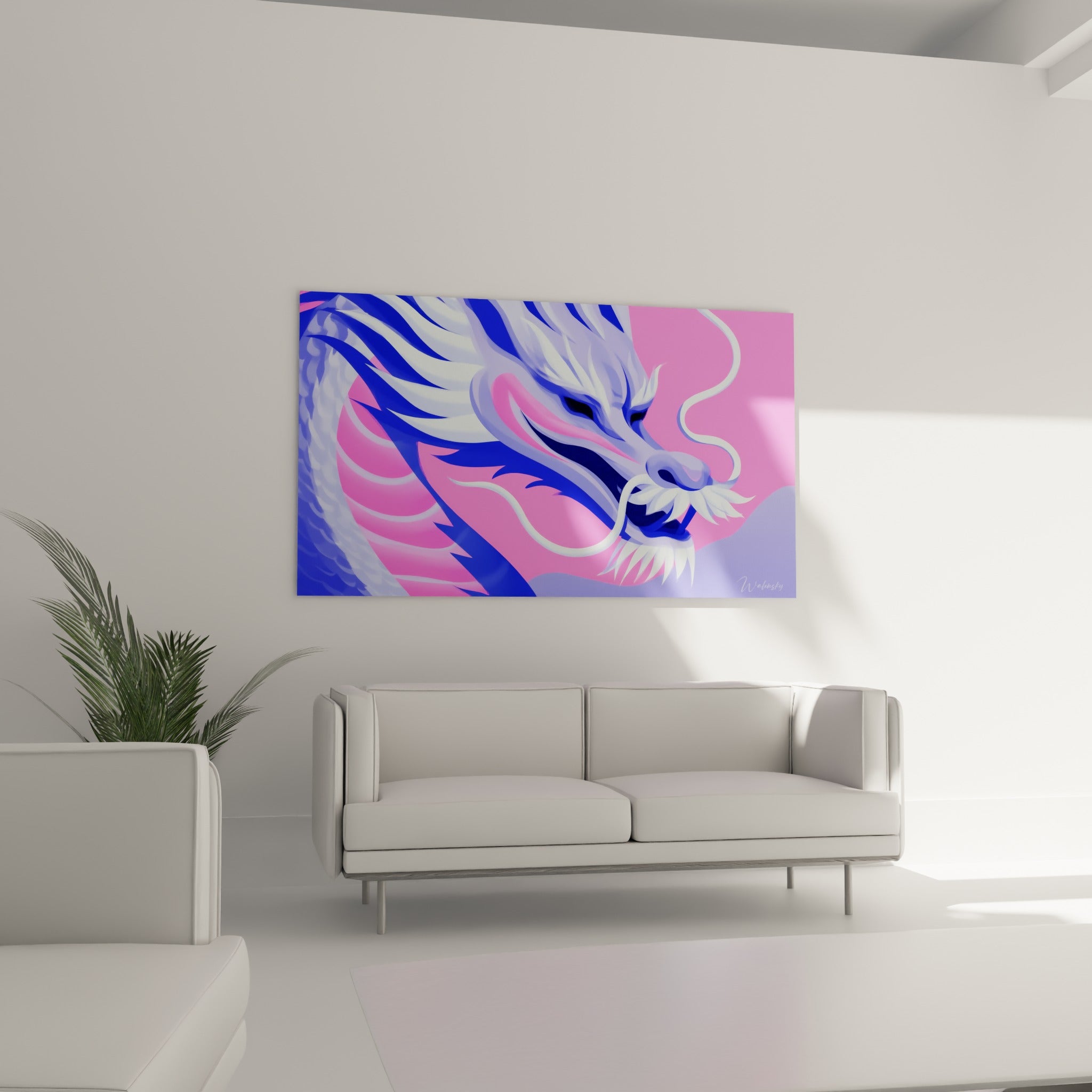 Museau violine du dragon aux yeux noirs perçants, suspendu au-dessus d'un canapé dans un salon lumineux