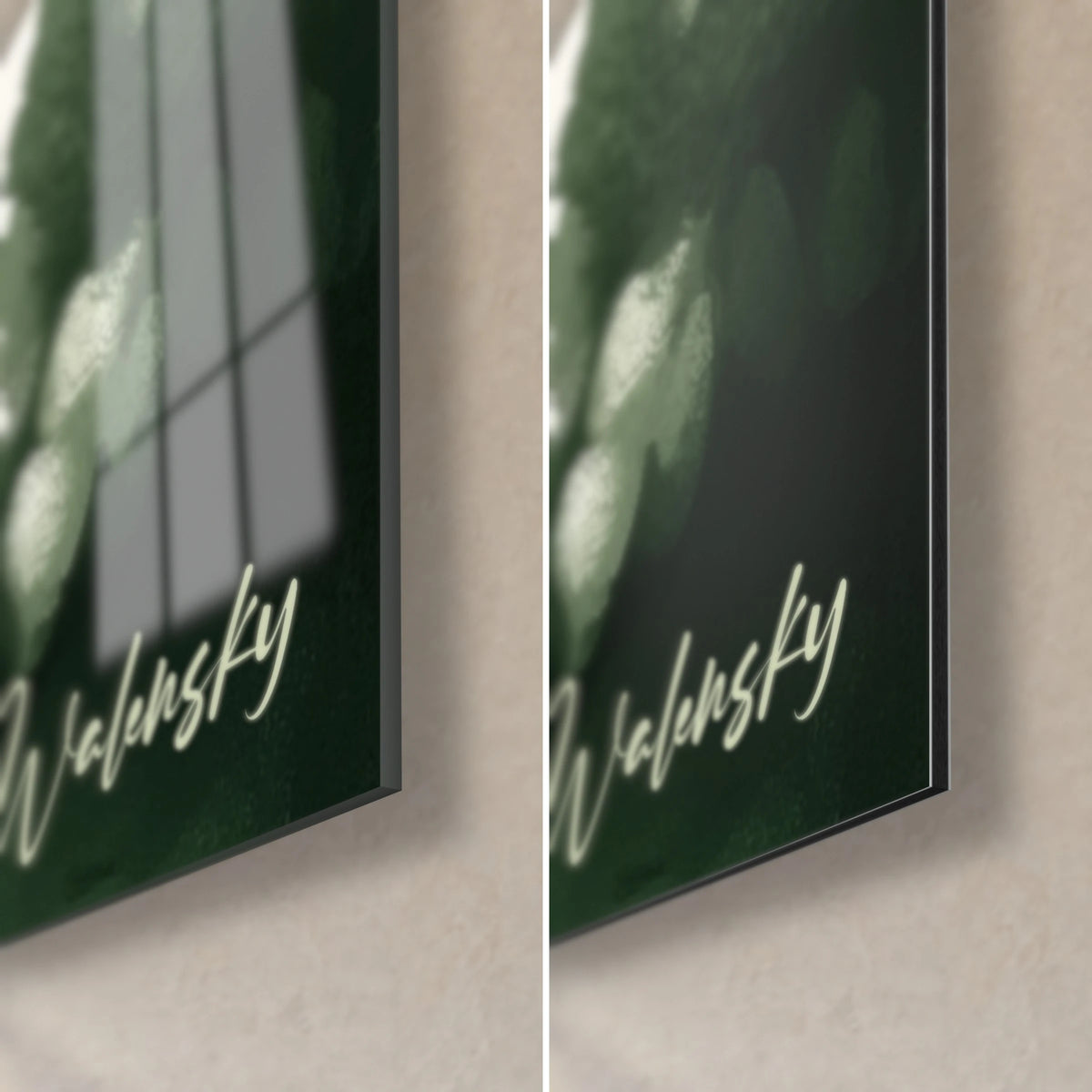 Schilderij draakje saliegroen, rechtsonder hoek: glanzend acrylglas links, mat zwart Dibond aluminium rechts, rand van 3 mm