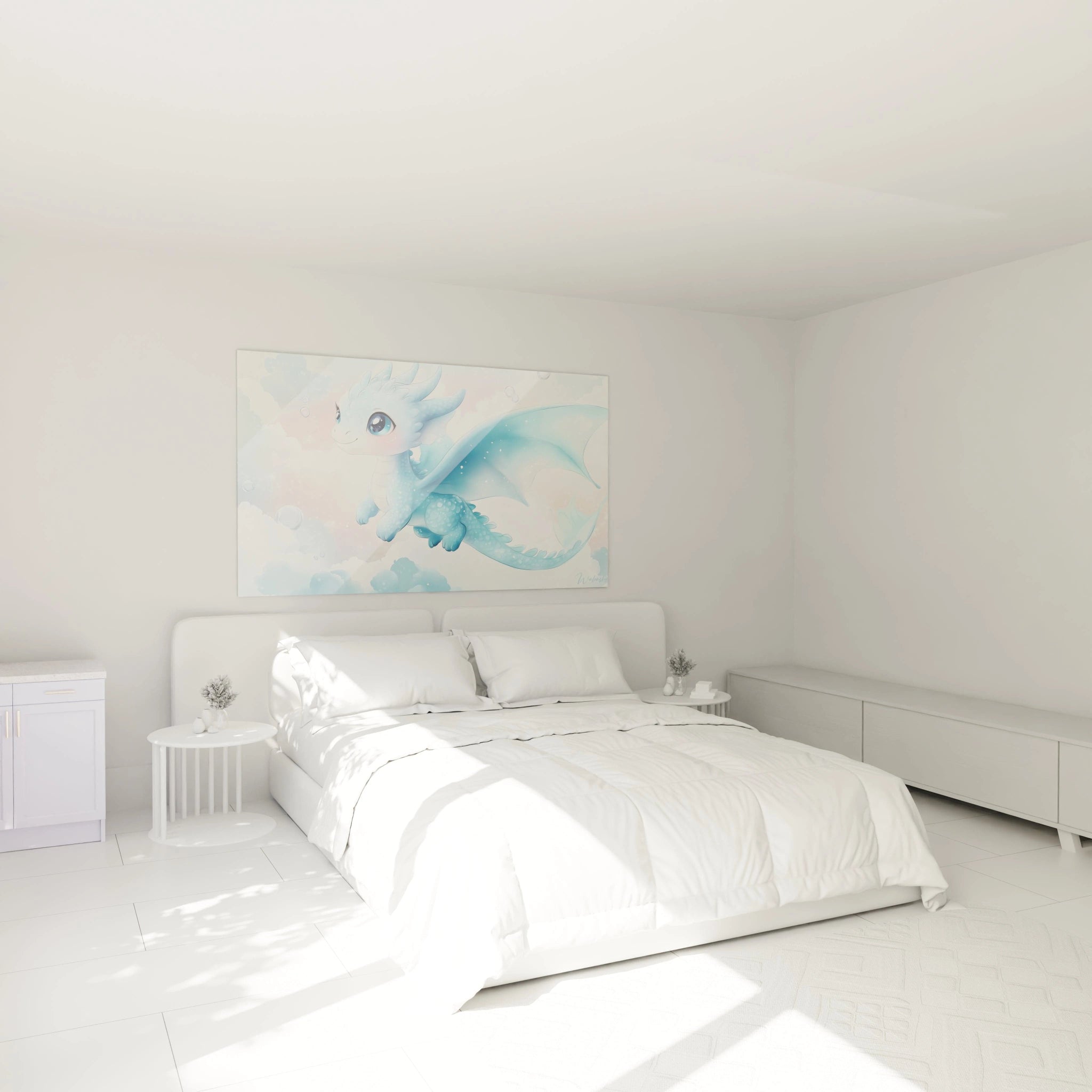 Un tableau dragon pour enfant illustrant un dragon aux écailles détaillées dans des tons bleu clair et blanc, évoluant dans un ciel pastel, avec un effet de lumière diffus et une texture douce.

