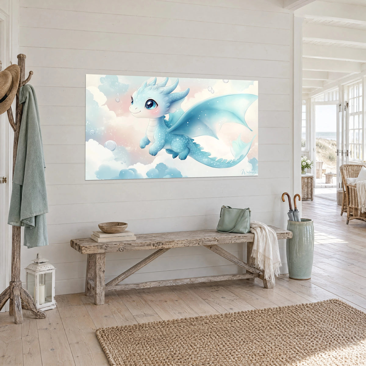 Wall art of a small turquoise dragon with big navy eyes, translucent wings against a pink and cream sky, seaside living room