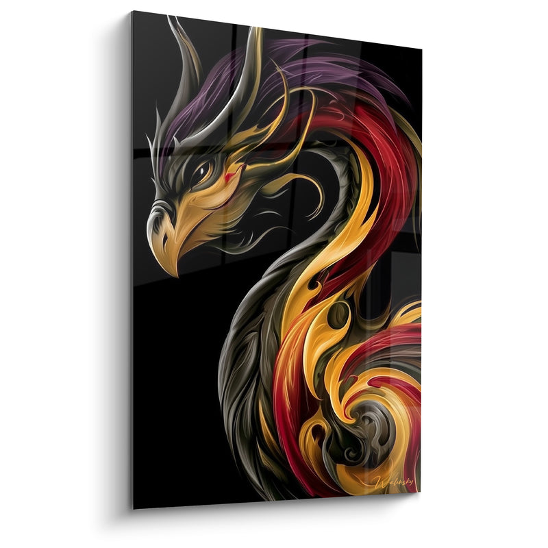 Tableau Dragon noir et doré au bec crochu recourbé - Corps enroulé en spirale flamboyante - Edition Dragon