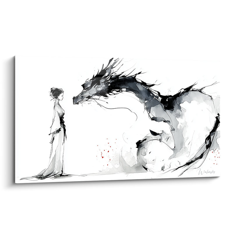 Tableau Dragon noir face à une femme - Face-à-face silencieux - Edition Dragon
